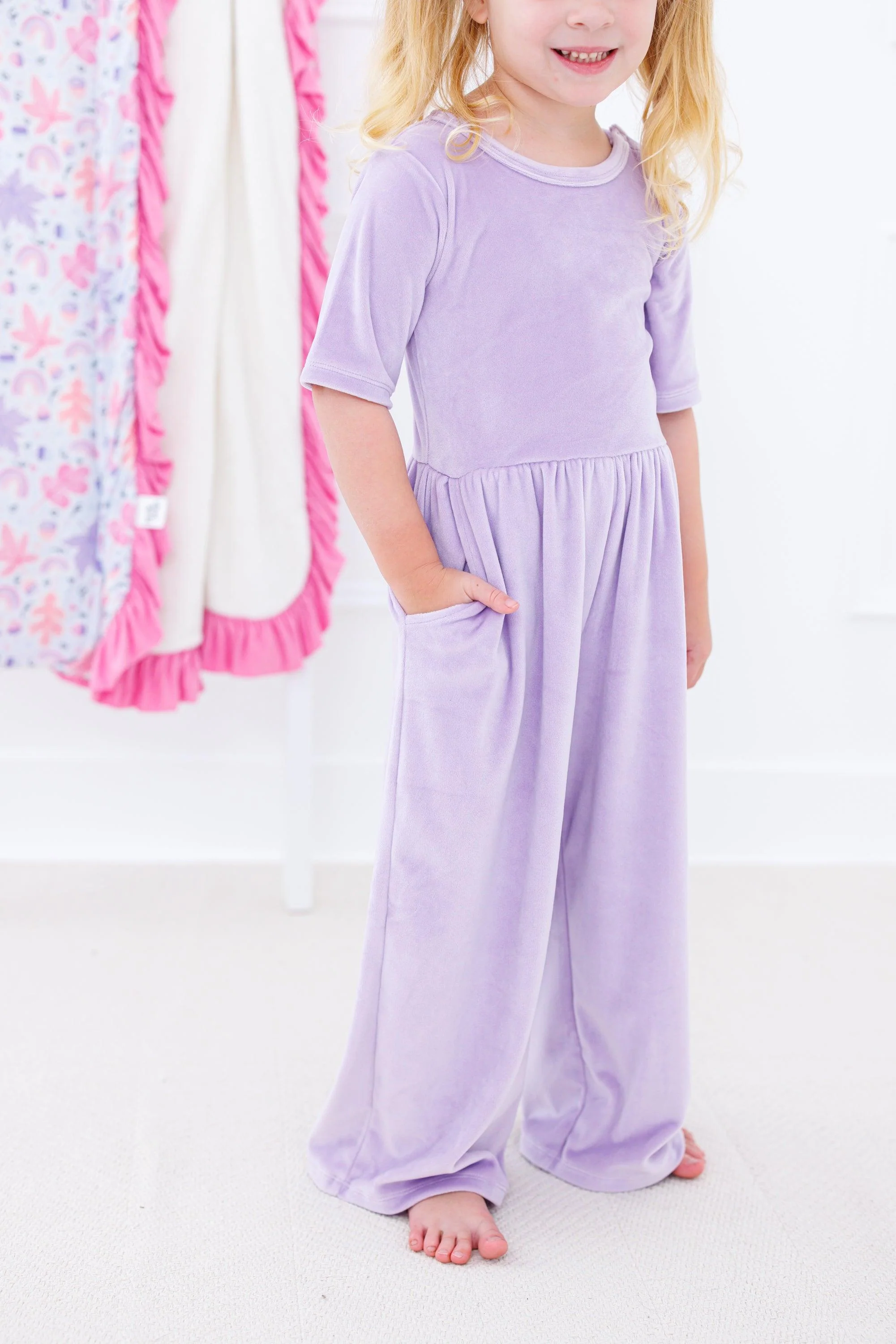 Solid Short Sleeve Velvet Leggy Jumpsuit - Lavender - Image 3