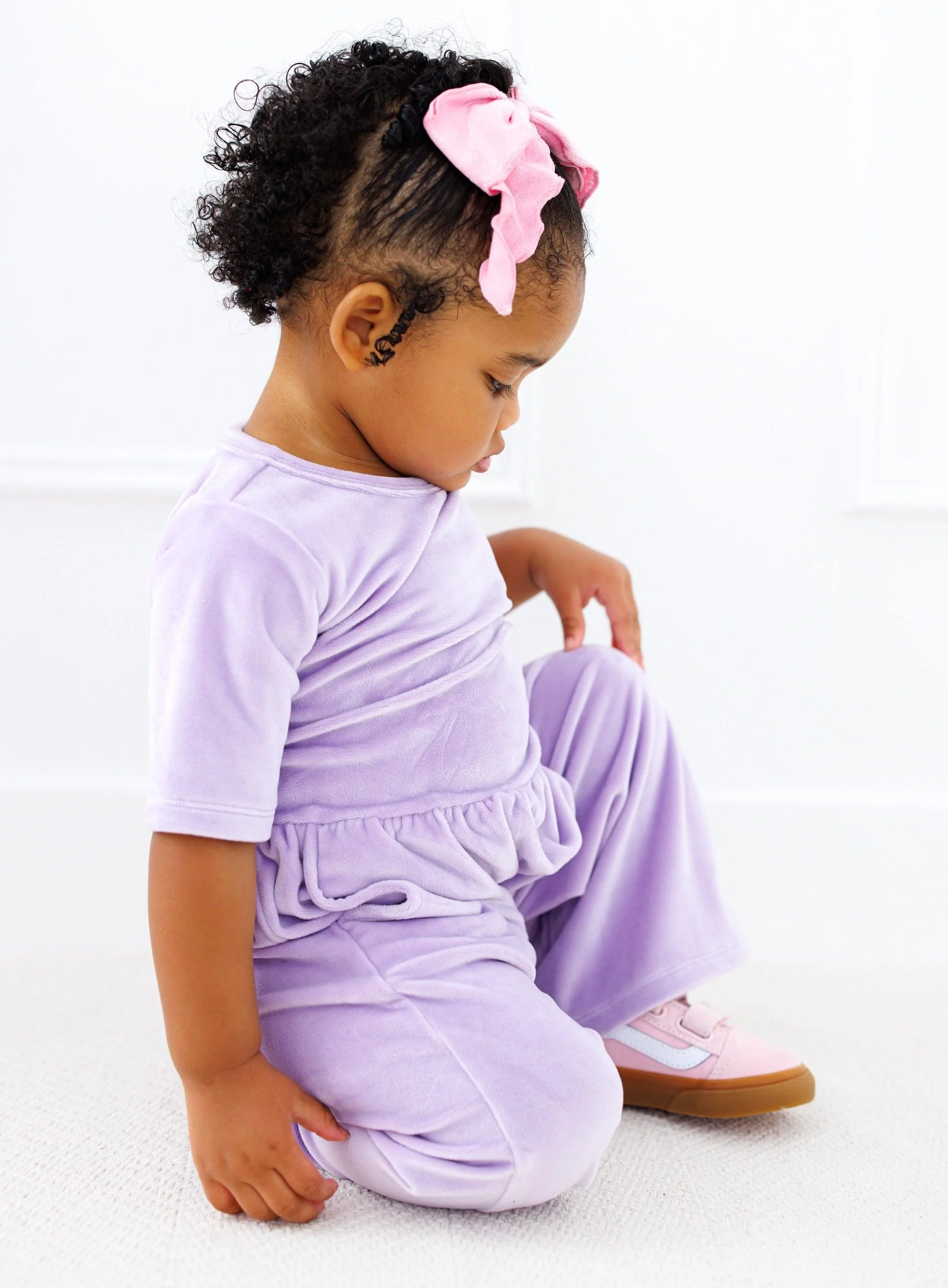 Solid Short Sleeve Velvet Leggy Jumpsuit - Lavender - Image 5