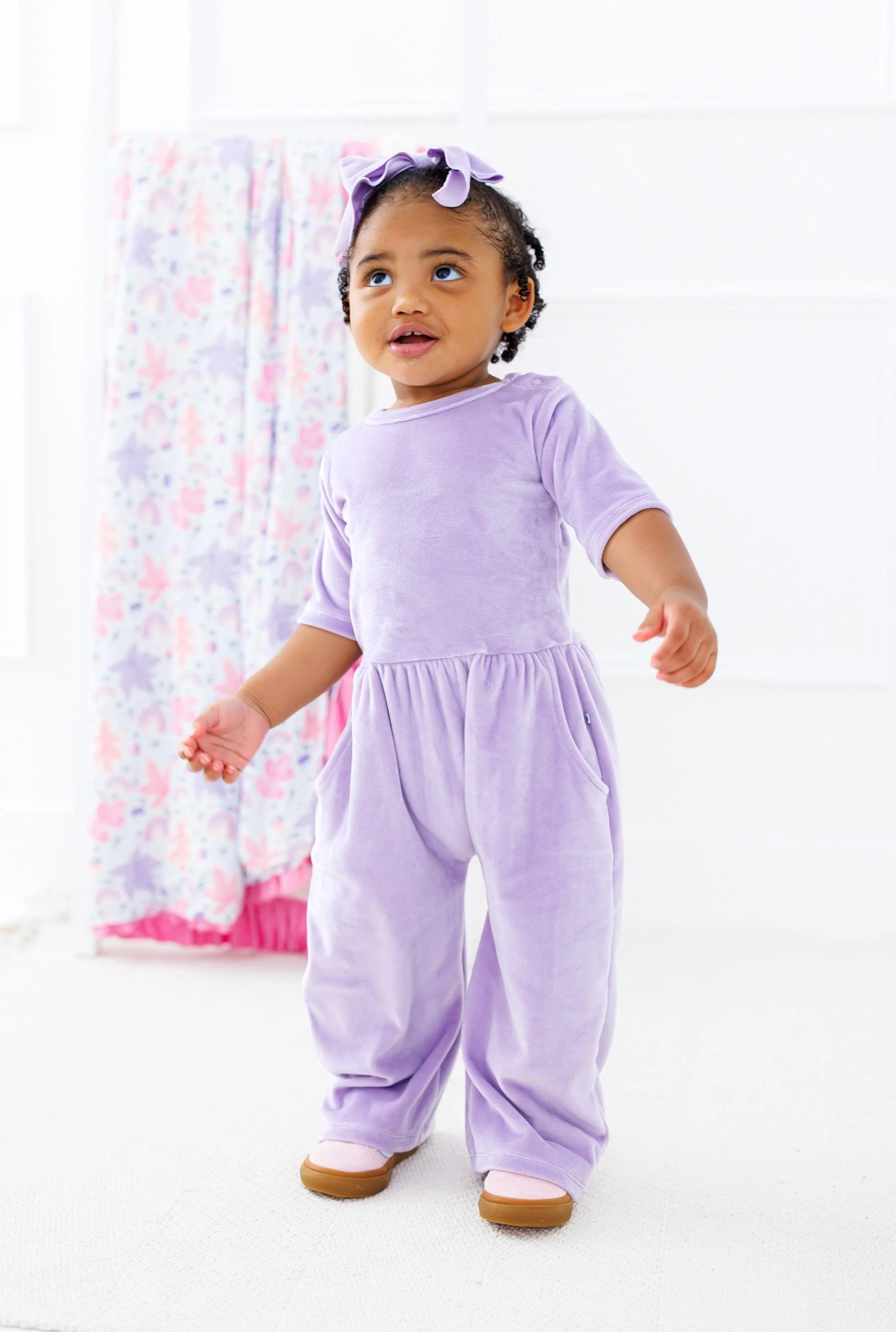 Solid Short Sleeve Velvet Leggy Jumpsuit - Lavender - Image 6