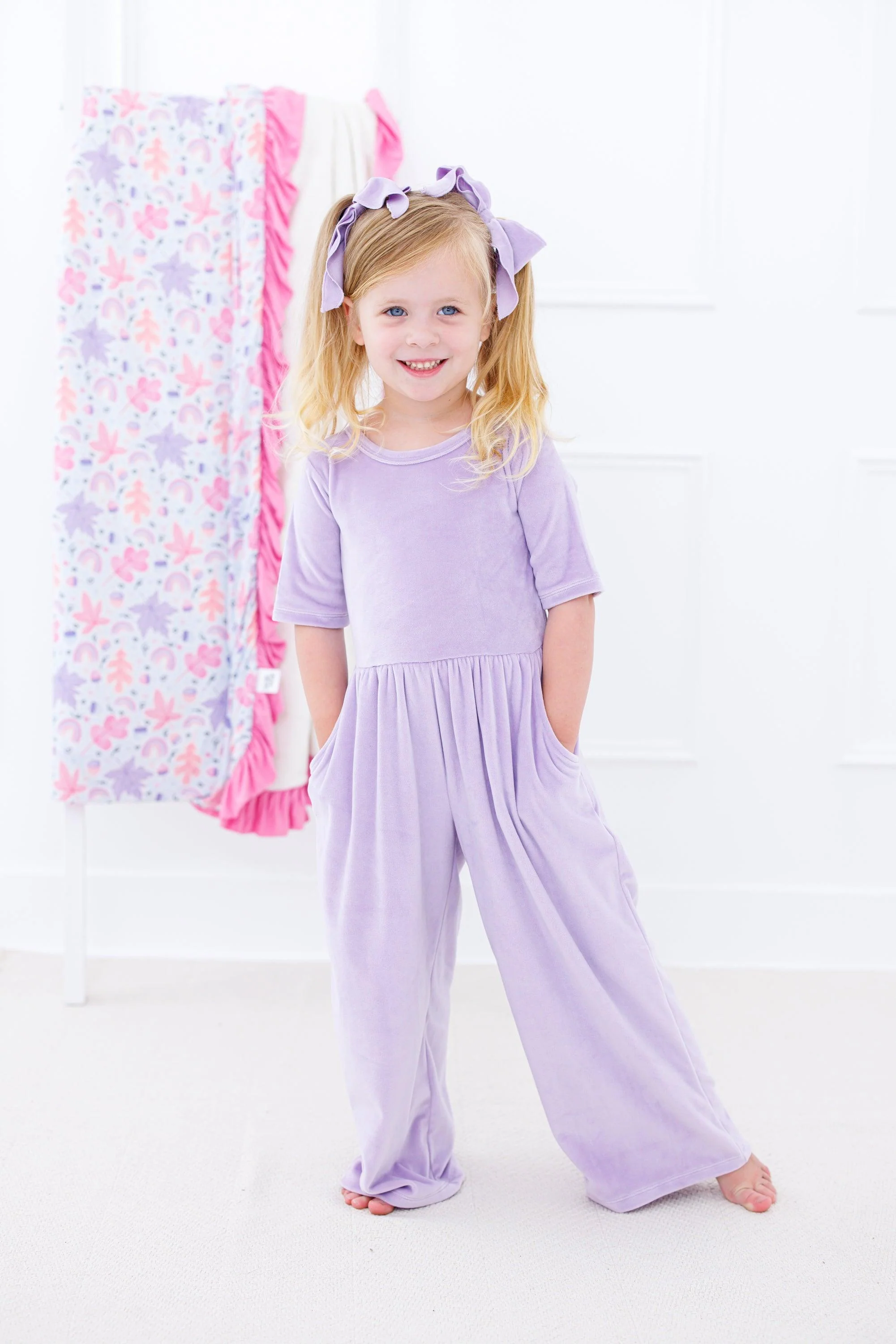 Solid Short Sleeve Velvet Leggy Jumpsuit - Lavender - Image 7