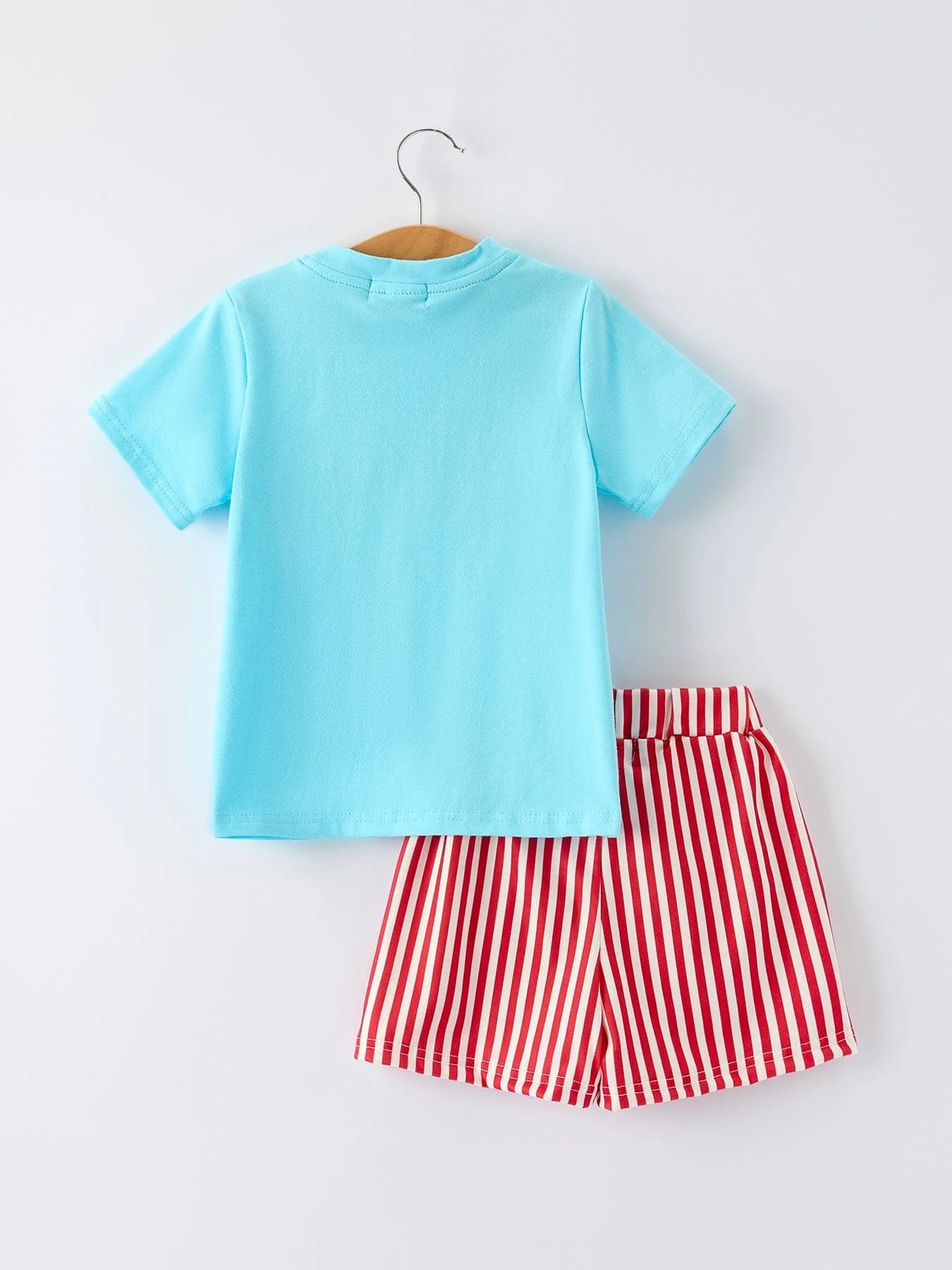 Boys Baseball Embroidery Blue T-Shirt and Red Stripe Shorts Set - Image 2