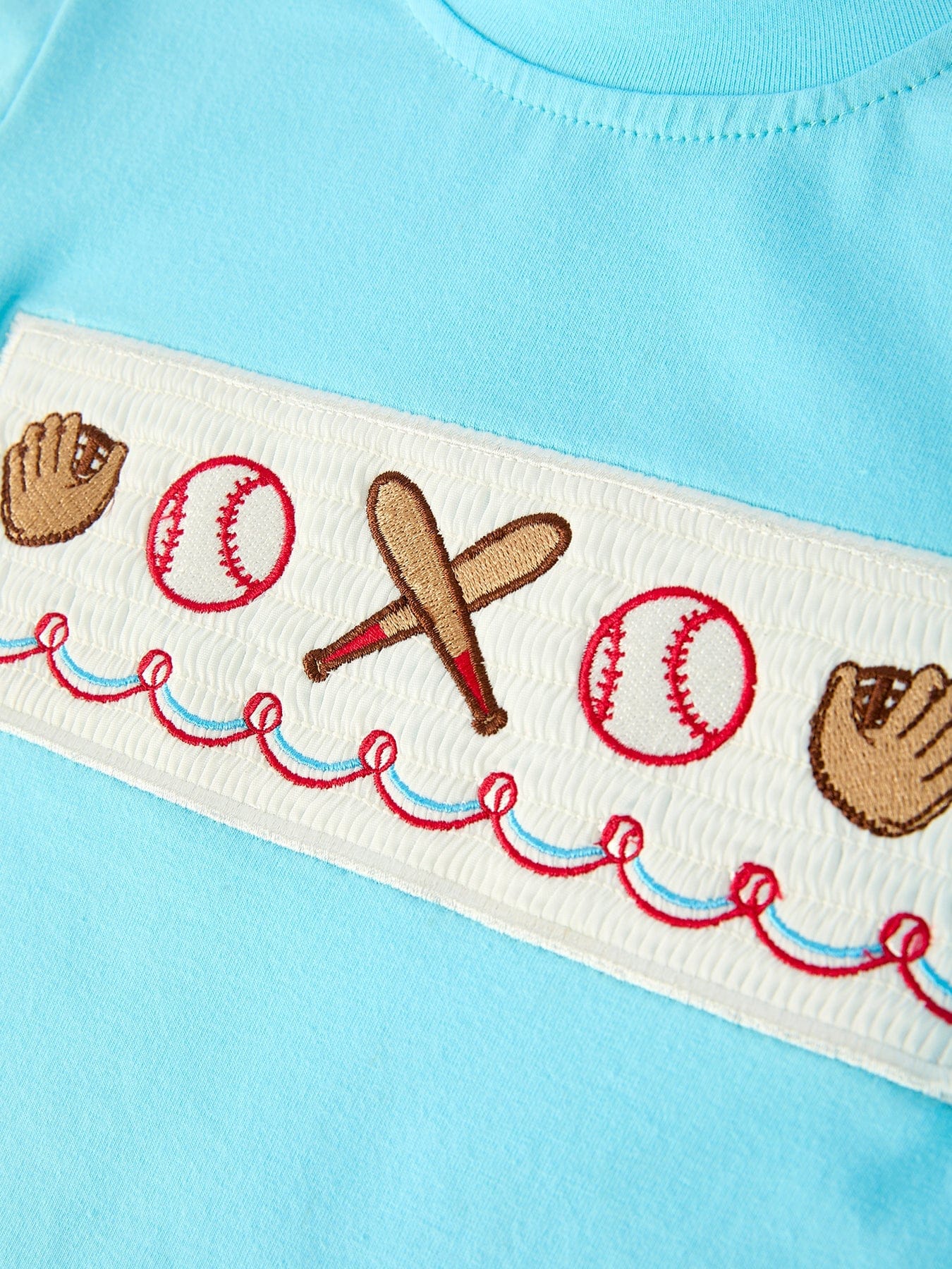 Boys Baseball Embroidery Blue T-Shirt and Red Stripe Shorts Set - Image 5