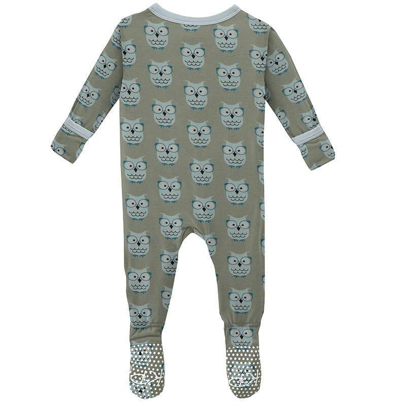 Boy's Print Bamboo Footie with Snaps - Silver Sage Wise Owls - Image 2