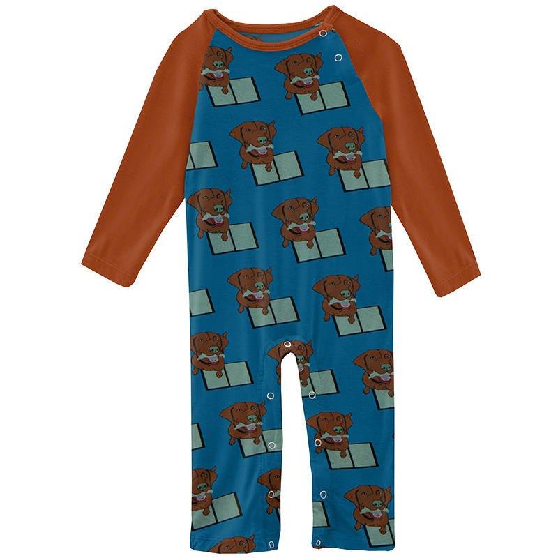 Boy's Print Bamboo Long Sleeve Raglan Romper - Cerulean Blue Dog Ate My Homework