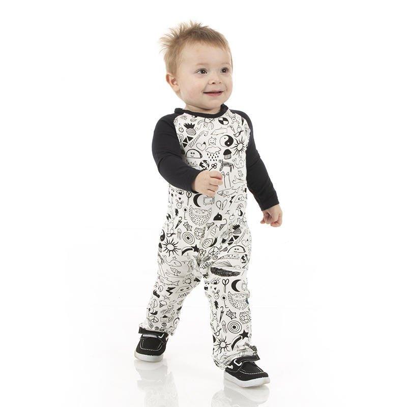 Boy's Print Bamboo Long Sleeve Raglan Romper - Doodles - Image 2