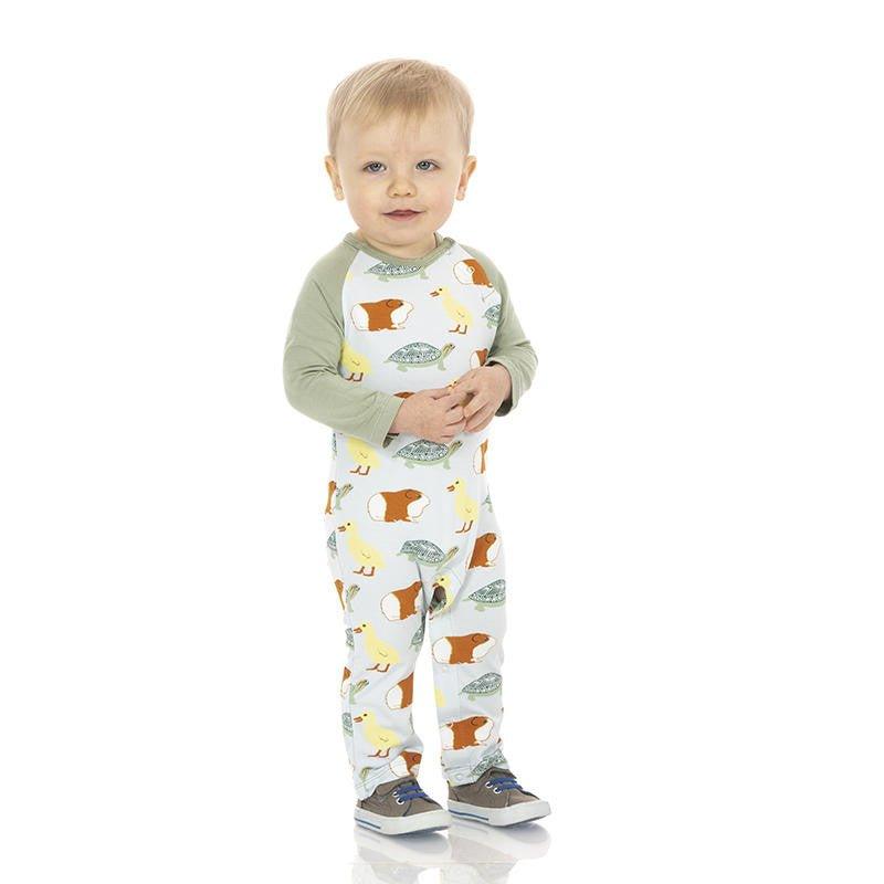 Boy's Print Bamboo Long Sleeve Raglan Romper - Illusion Blue Class Pets - Image 2