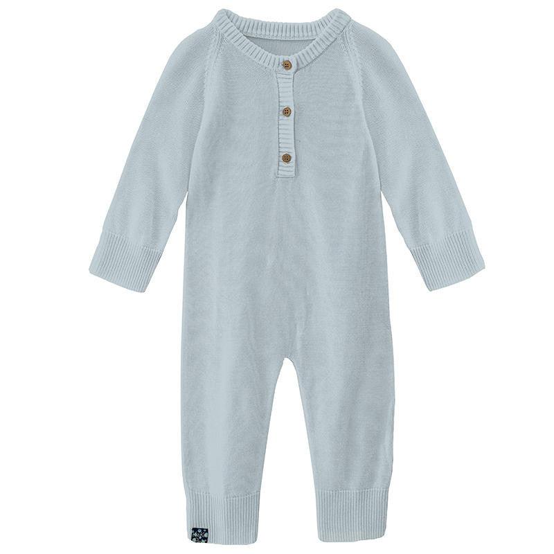 Boy's Solid Bamboo Knitted Henley Romper - Illusion Blue