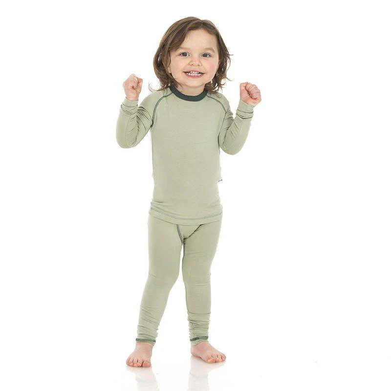 Boy's Solid Bamboo Long Sleeve Sport Pajama Set - Silver Sage with Pine - Image 2