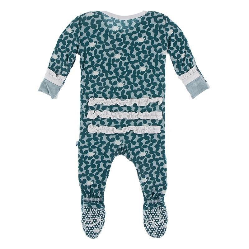 Bamboo Classic Ruffle Footie with Zipper - Jade Running Buffalo Clover - Image 2