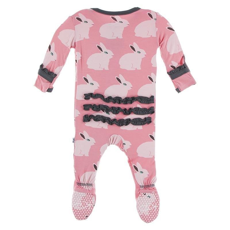 Bamboo Classic Ruffle Footie with Zipper - Strawberry Forest Rabbit - Image 2