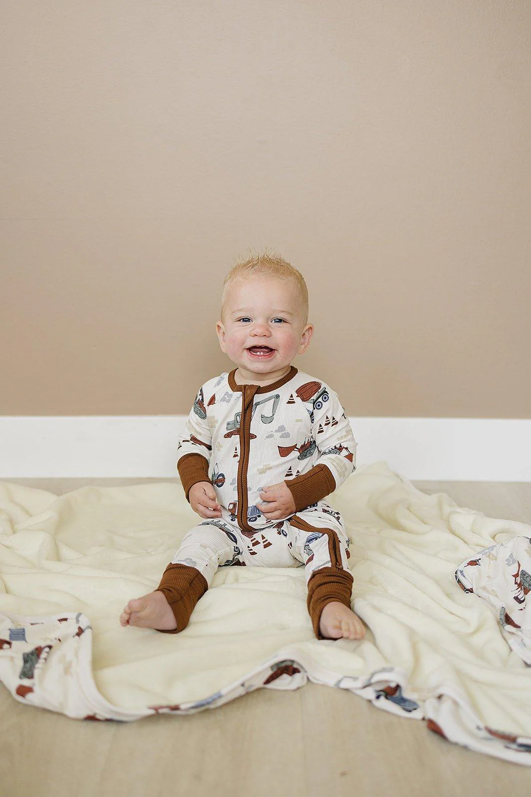 Ribbed Bamboo Convertible Footie Romper - Construction Trucks - Image 3