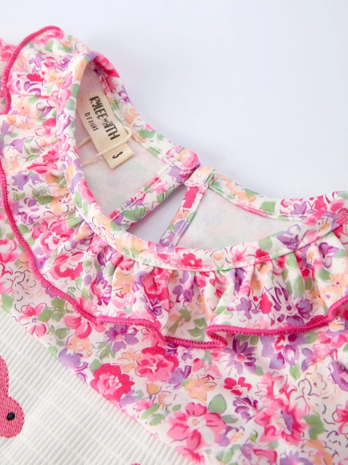 Easter Colorful Floral Bunny Embroidery Bow Ruffle Dress - Image 3