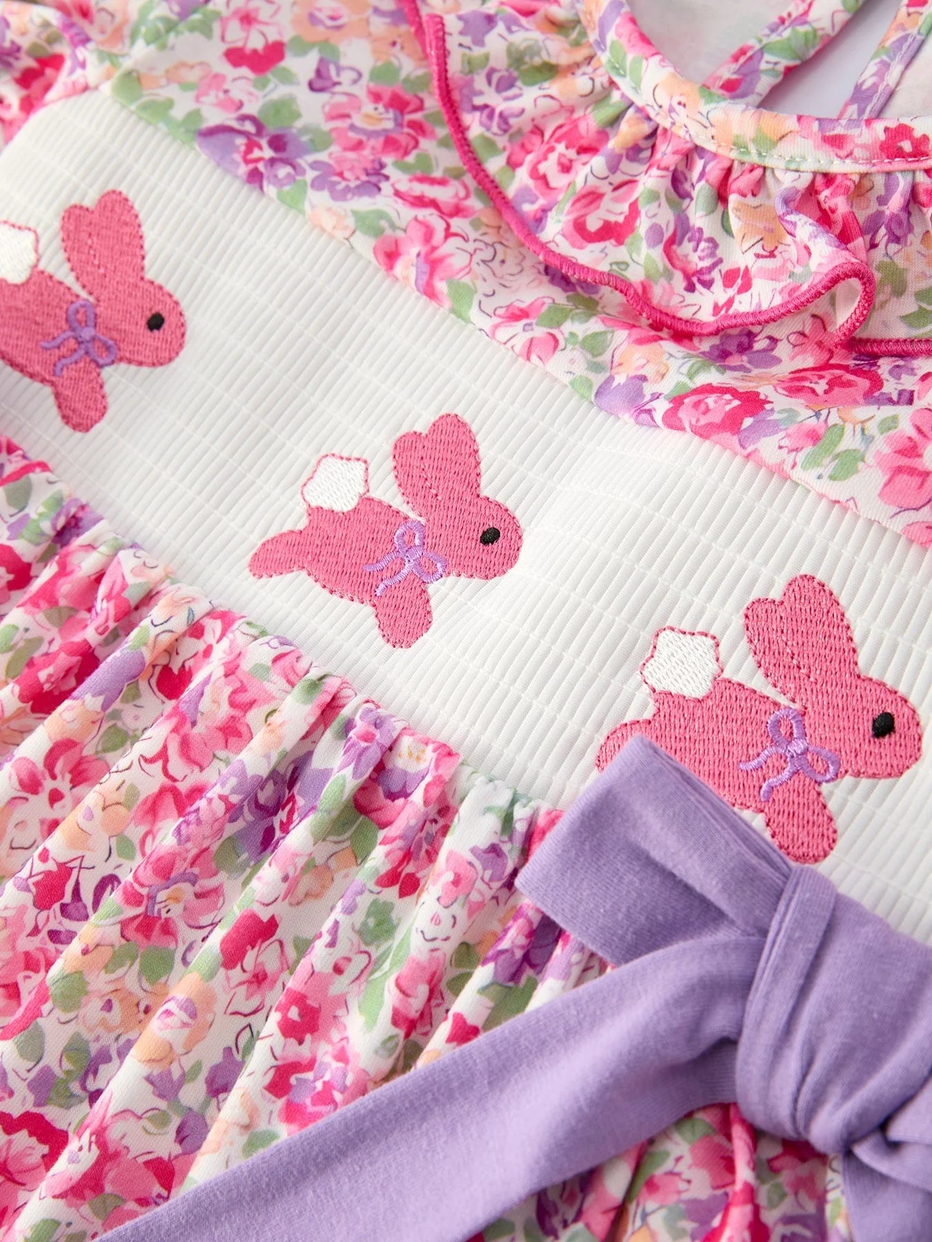 Easter Colorful Floral Bunny Embroidery Bow Ruffle Dress - Image 4