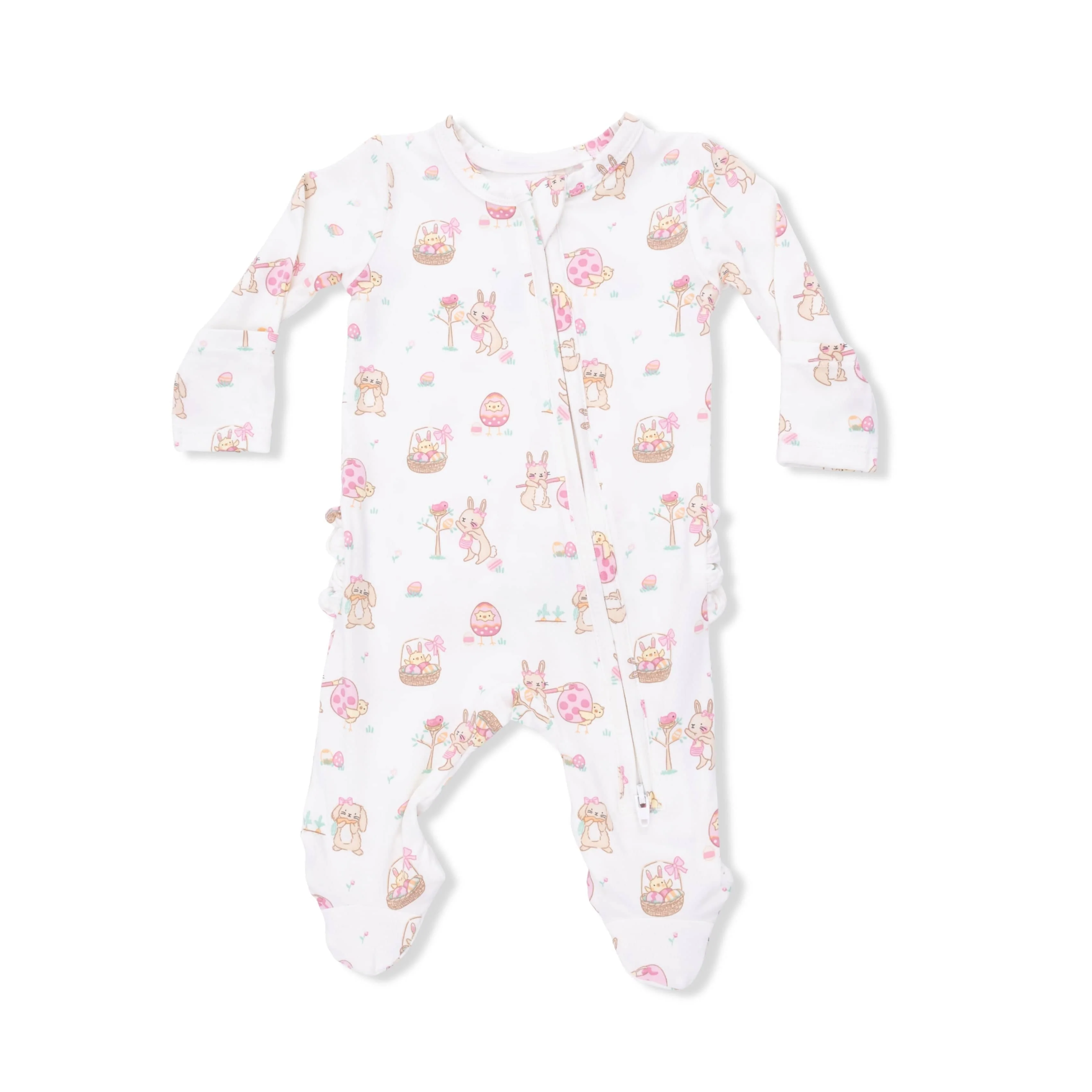 Ruffle Back Footie with 2-Way Zipper - Easter Egg Hunt Pink - Image 2