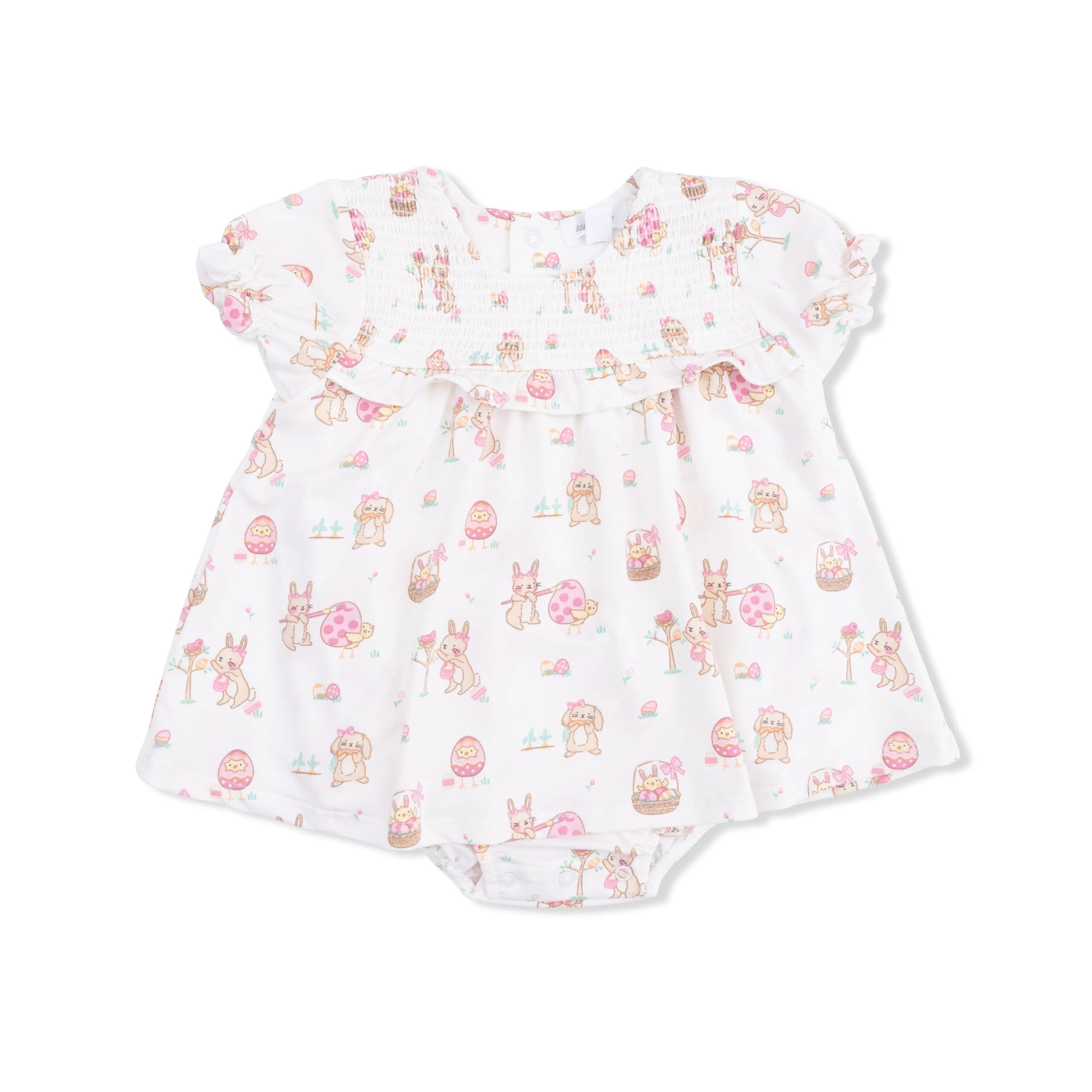 Smocked Ruffle Bubble Romper with Skirt - Easter Egg Hunt Pink - Image 2