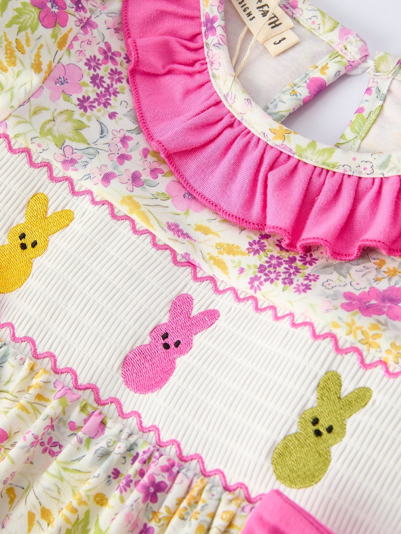 Easter Pink Bunny Embroidered Floral Long-Sleeved Dress - Image 3
