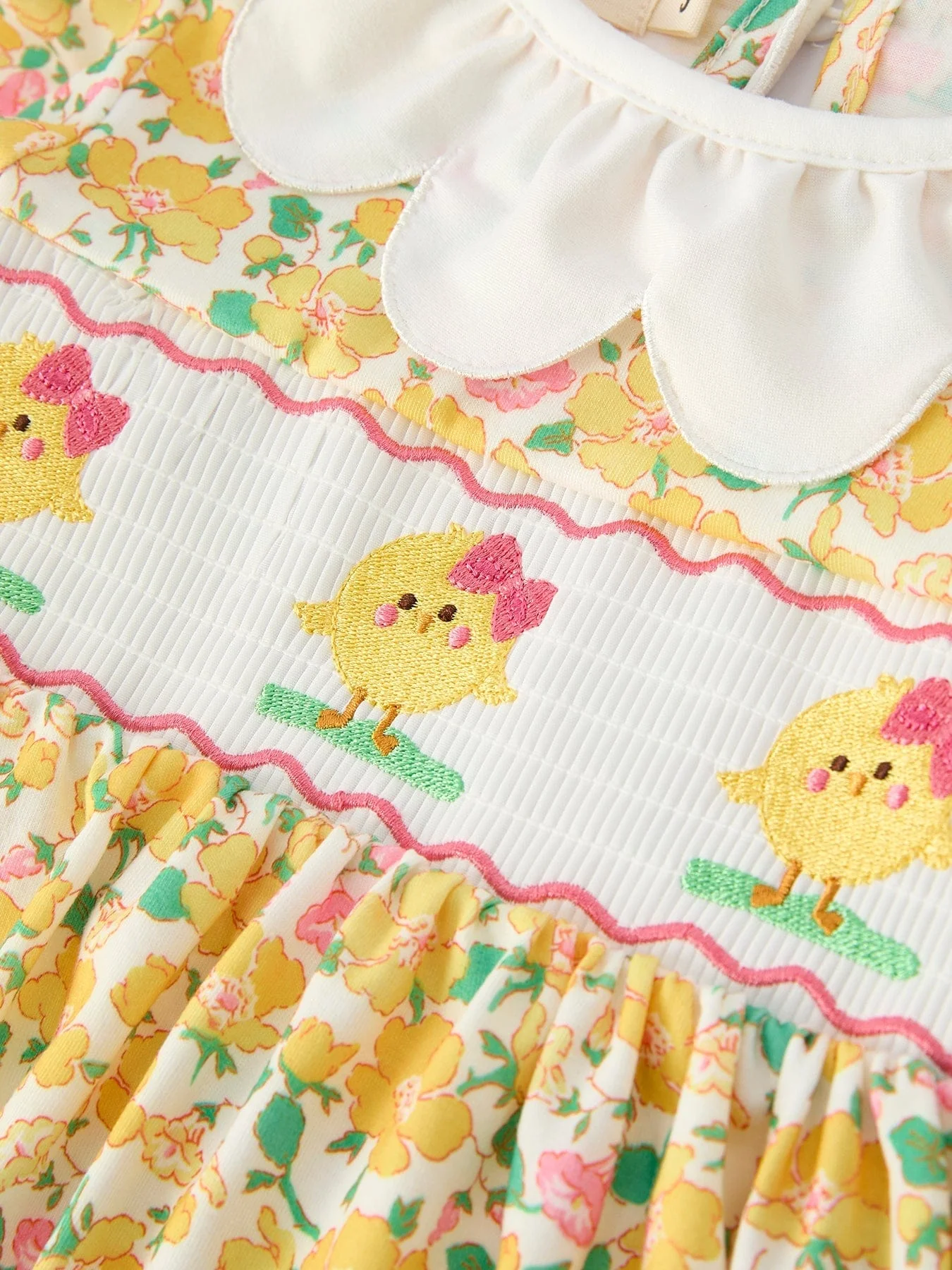 Easter Yellow Chick Embroidery Floral Girl Dress - Image 3