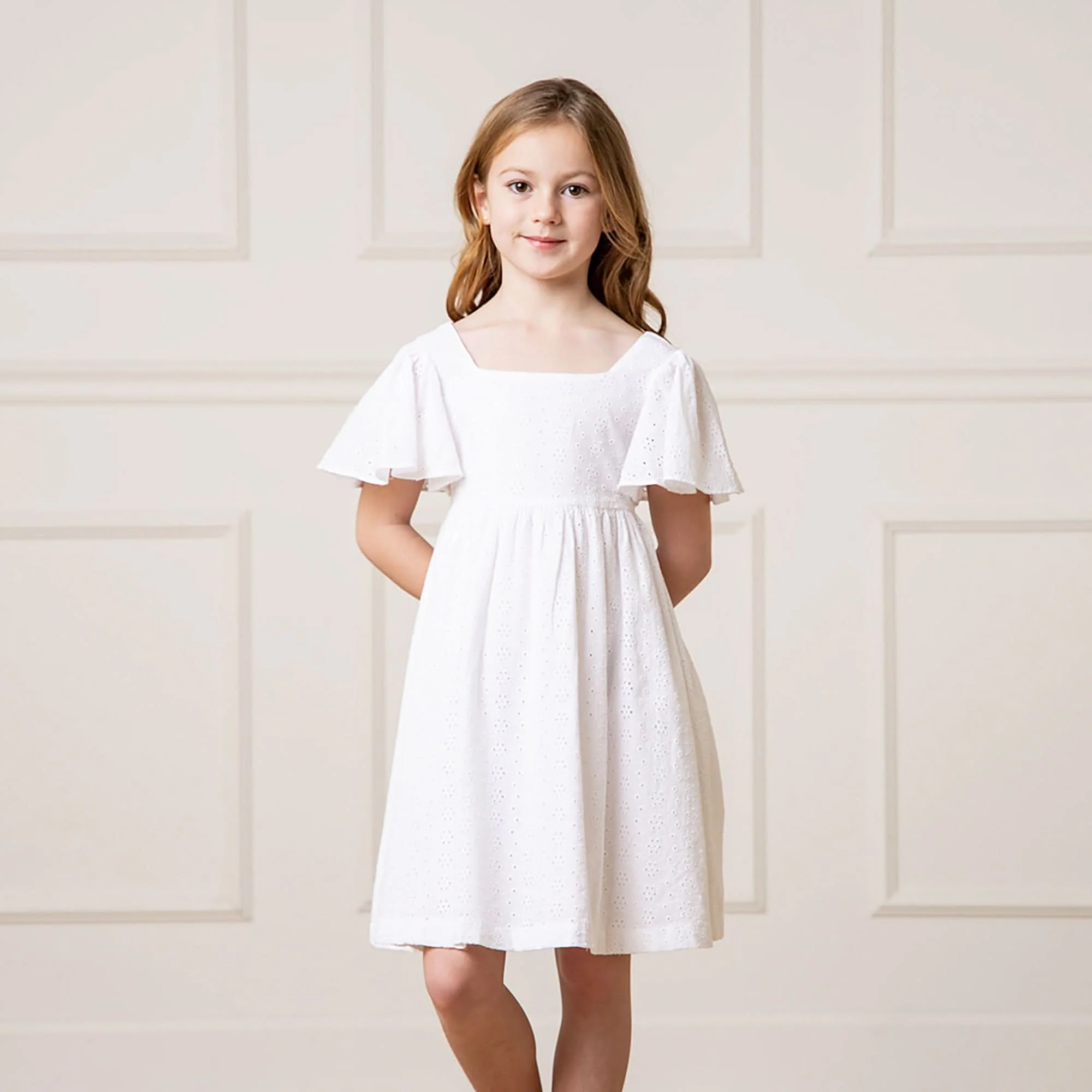 Flutter Sleeve Organic Empire Dress - White Eyelet - Image 2