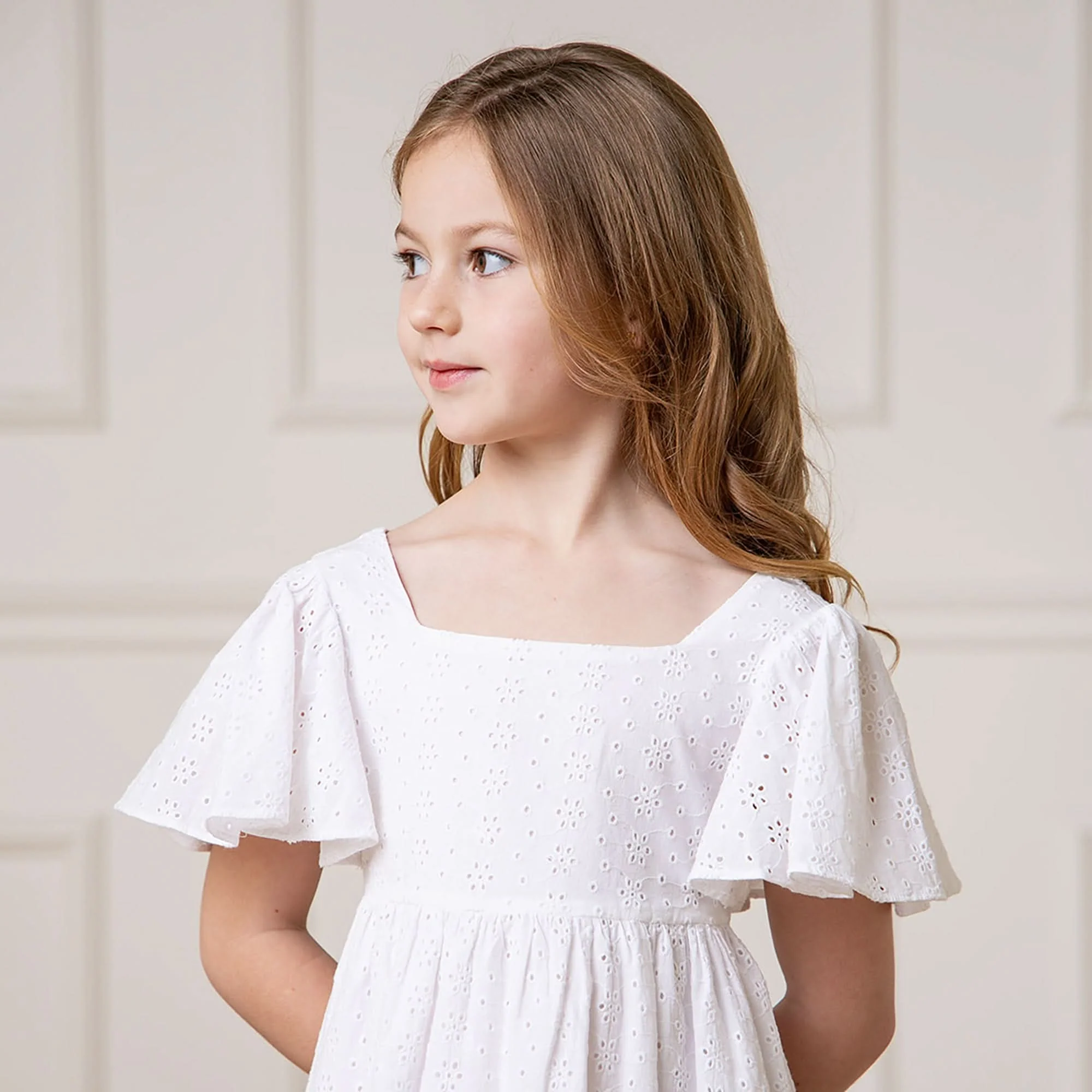 Flutter Sleeve Organic Empire Dress - White Eyelet - Image 3