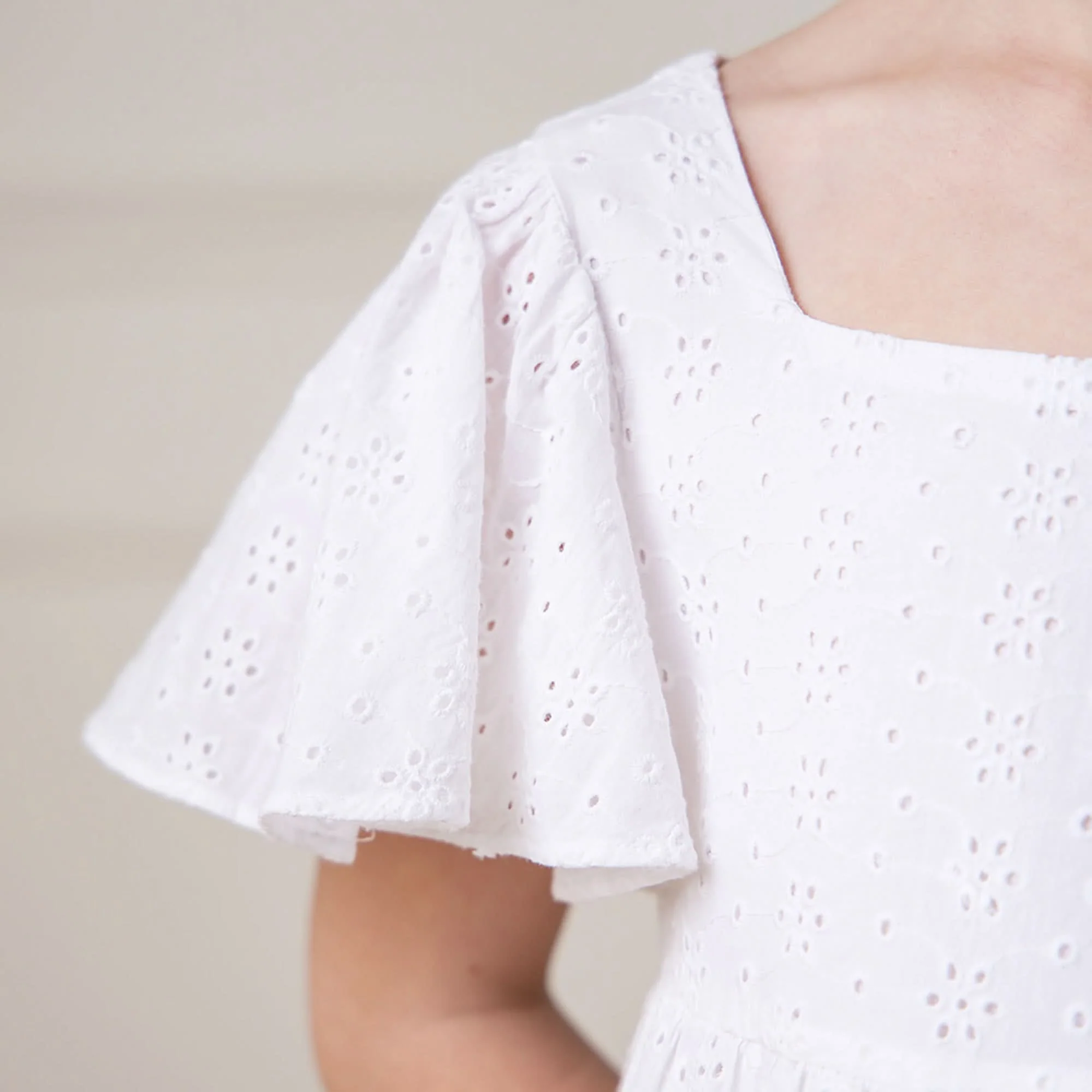 Flutter Sleeve Organic Empire Dress - White Eyelet - Image 4