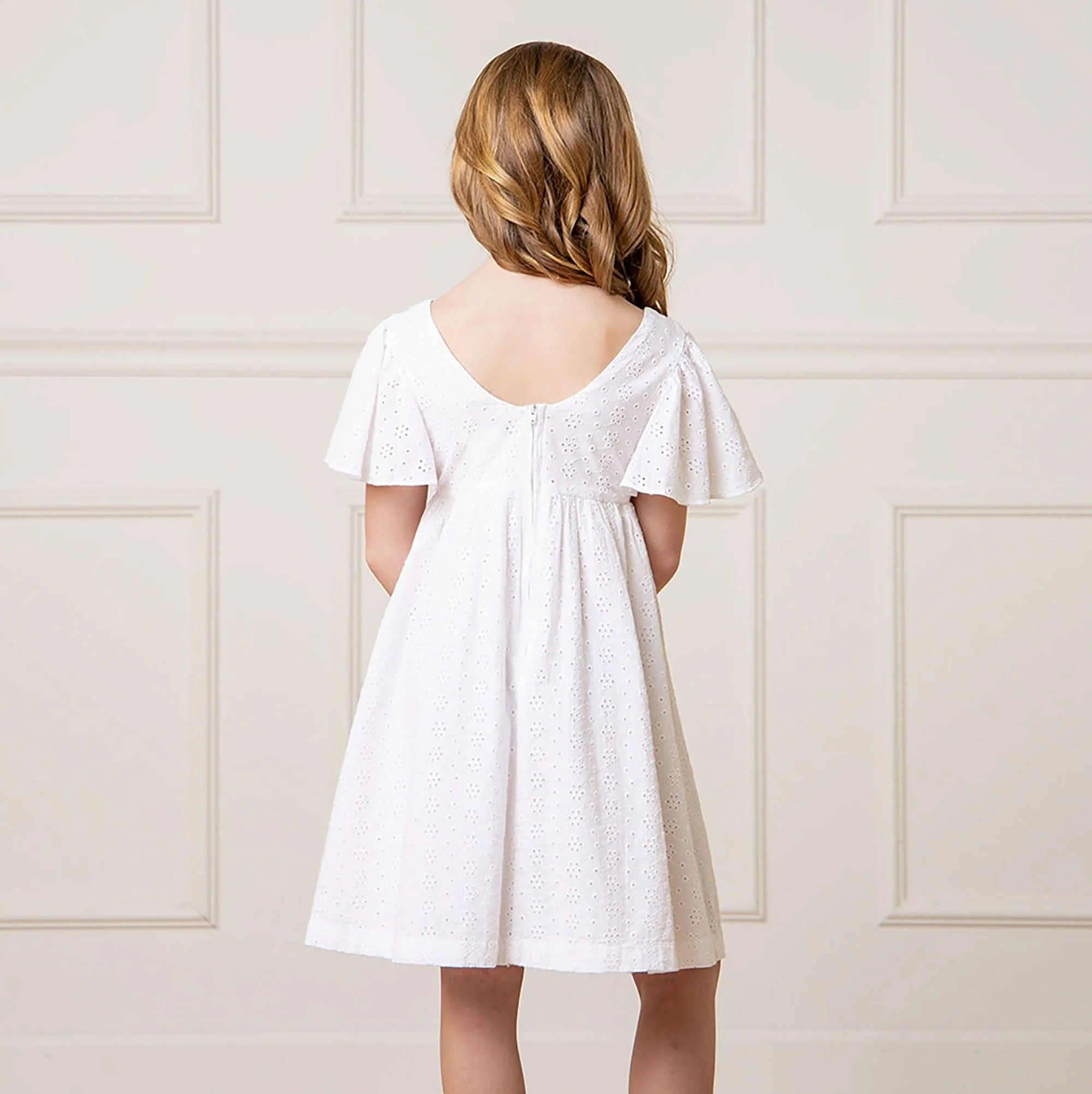 Flutter Sleeve Organic Empire Dress - White Eyelet - Image 5