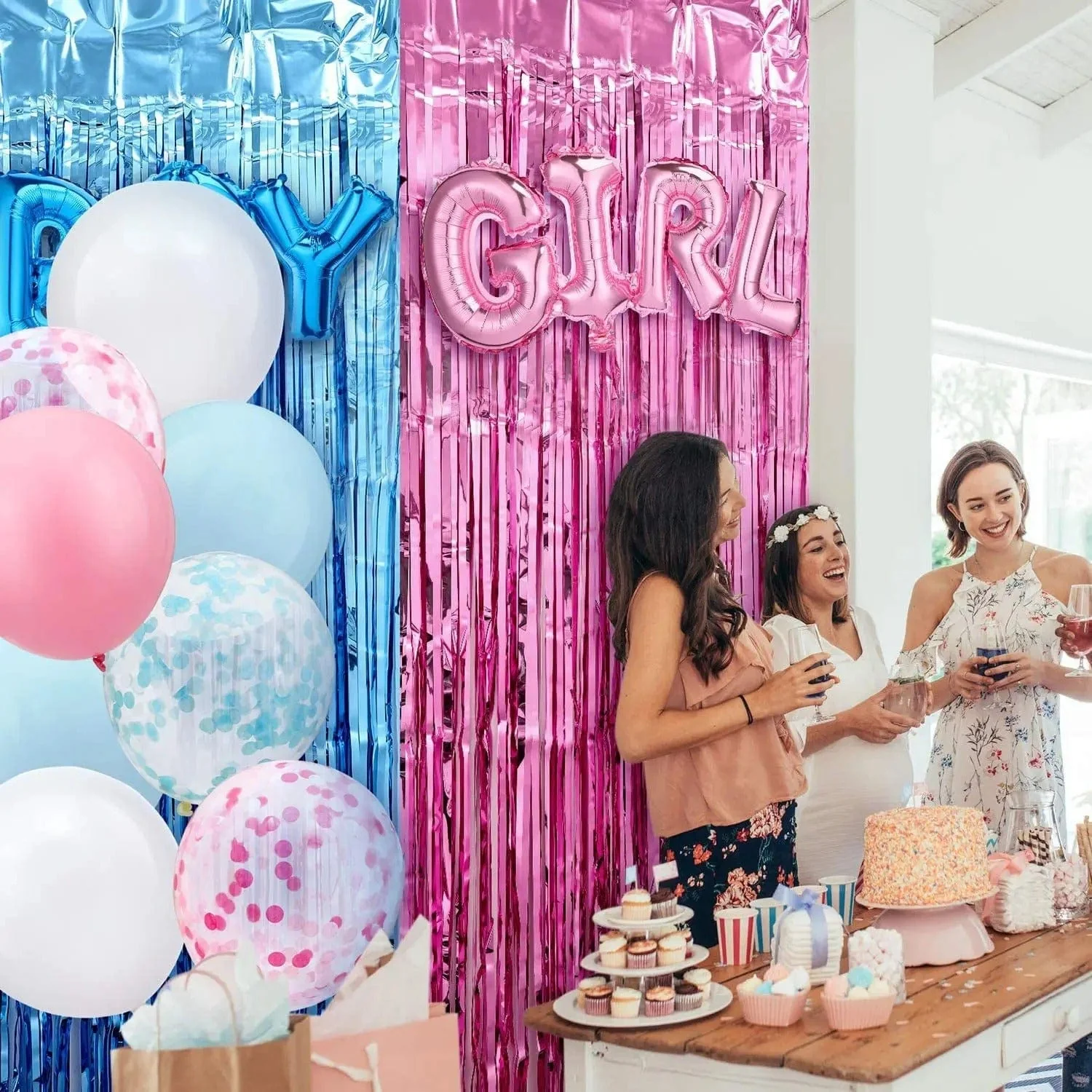 Gender Reveal Curtains & Letter Foil Balloons Set - Image 3