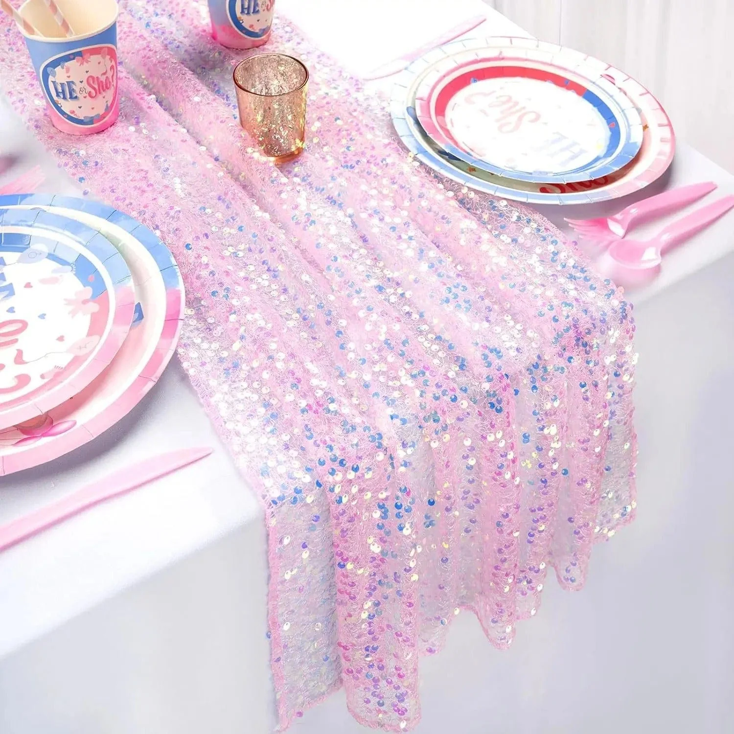 Gender Reveal Glitter Iridescent Sequin Table Runner - Image 5