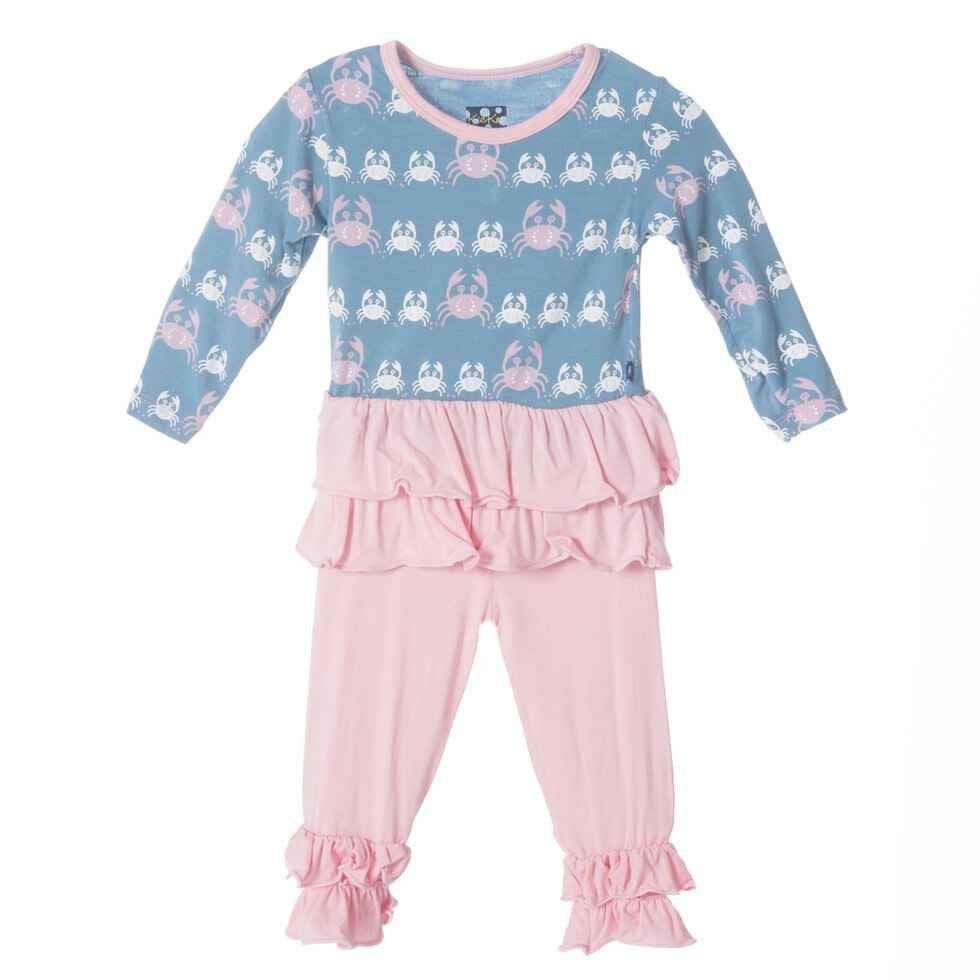 Girl's Bamboo Long Sleeve Double Ruffle Outfit Set, Blue Moon Crabbies - Image 3