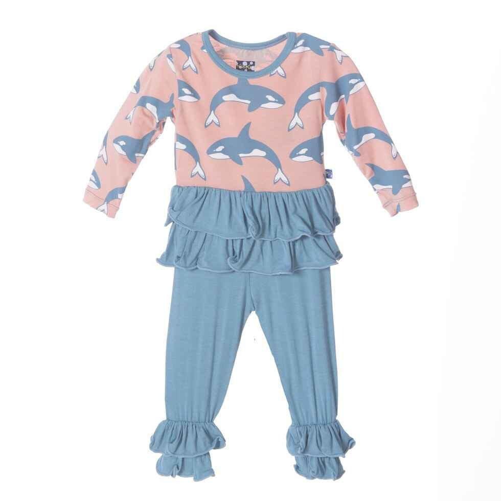 Girl's Bamboo Long Sleeve Double Ruffle Outfit Set, Blush Orca - Image 2