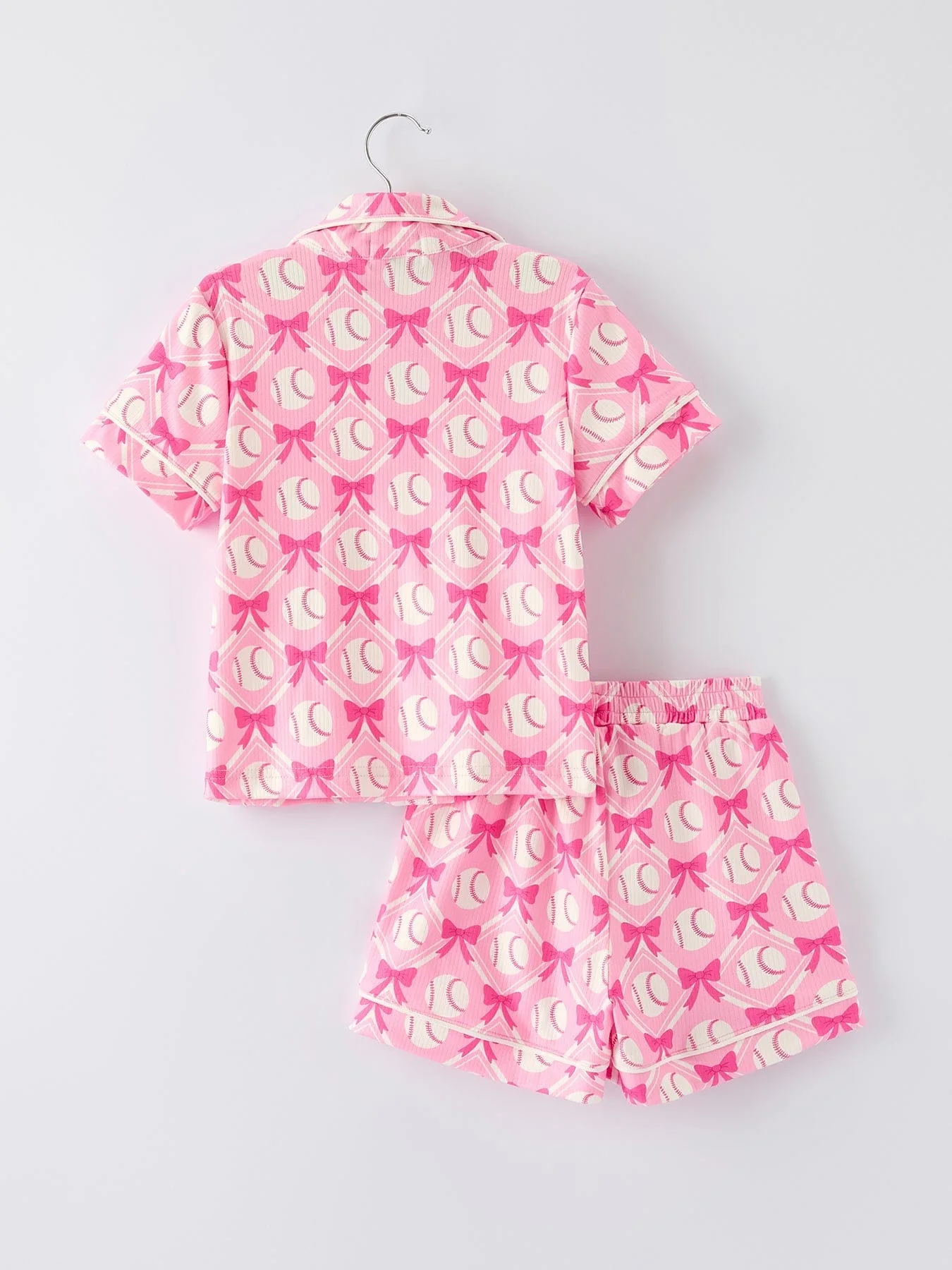 Girls Baseball Bow Print Pajama Set Short Sleeve Pink - Image 10