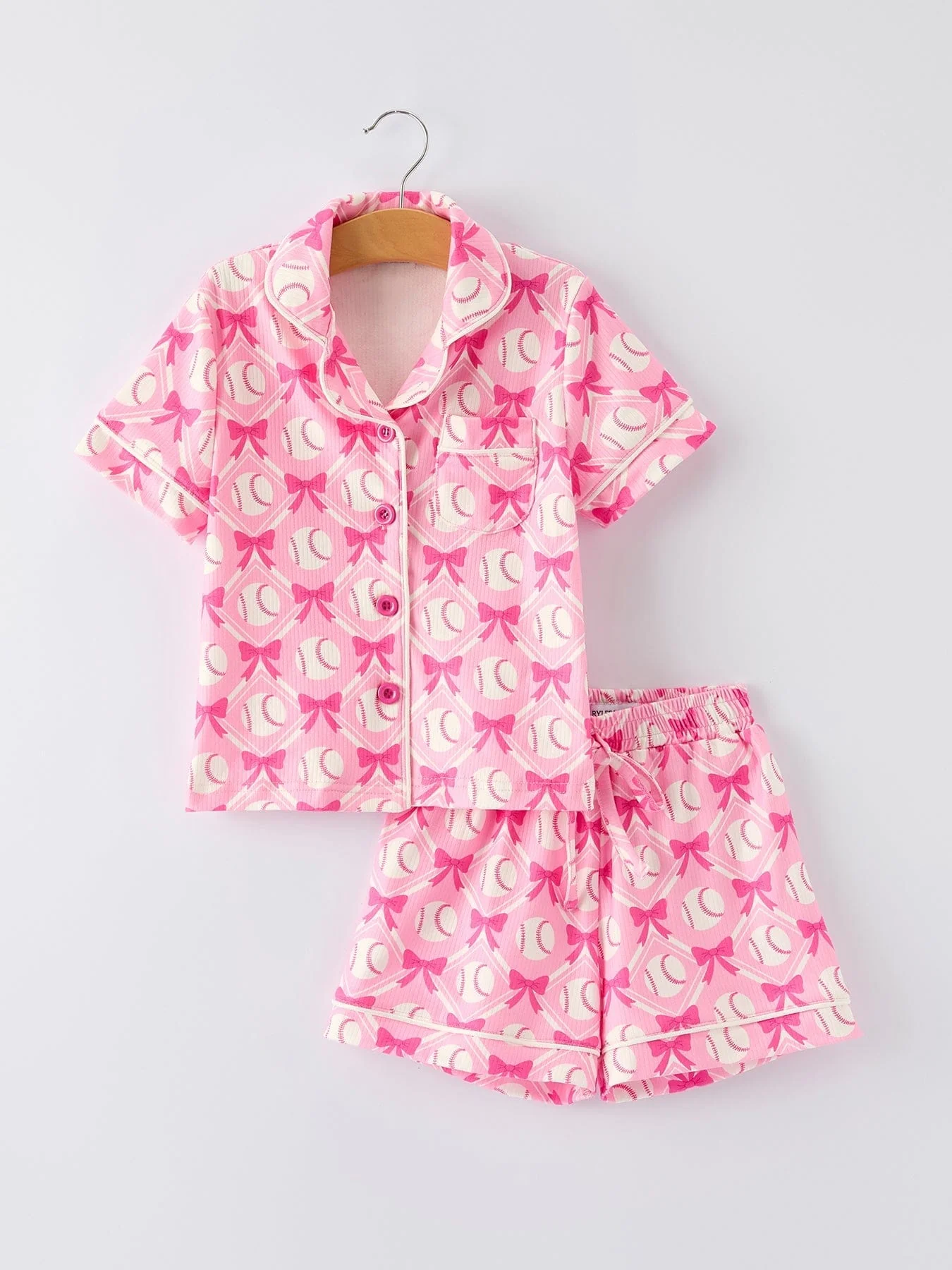 Girls Baseball Bow Print Pajama Set Short Sleeve Pink - Image 11
