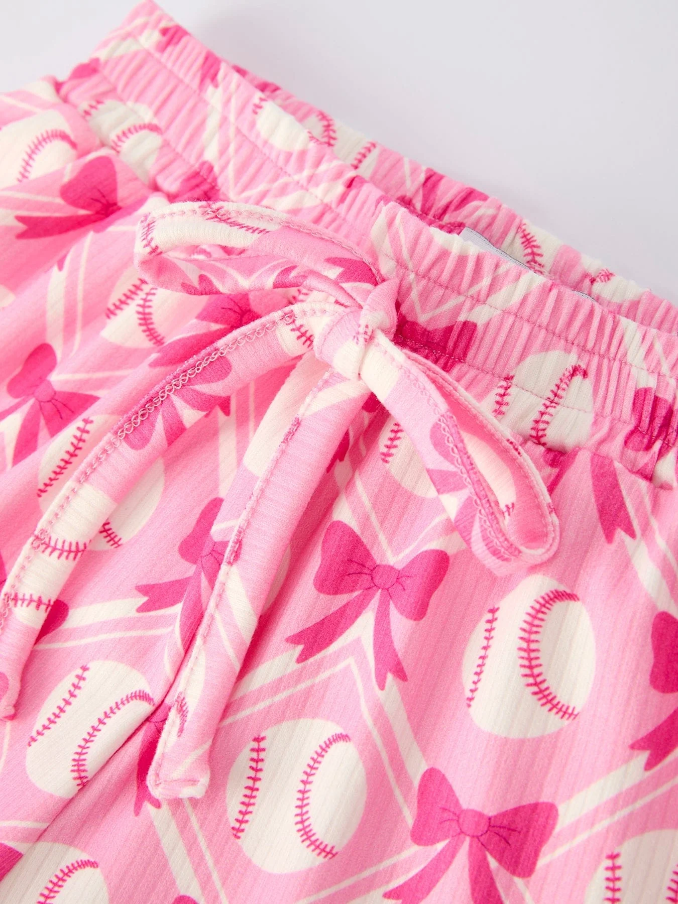 Girls Baseball Bow Print Pajama Set Short Sleeve Pink - Image 12