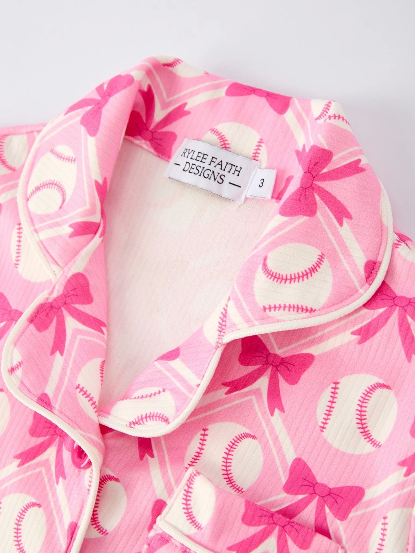 Girls Baseball Bow Print Pajama Set Short Sleeve Pink - Image 13