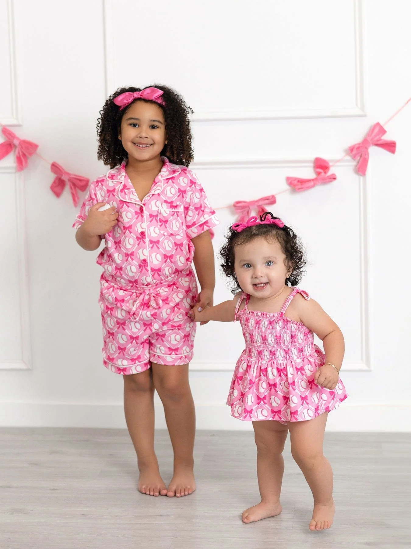 Girls Baseball Bow Print Pajama Set Short Sleeve Pink - Image 2