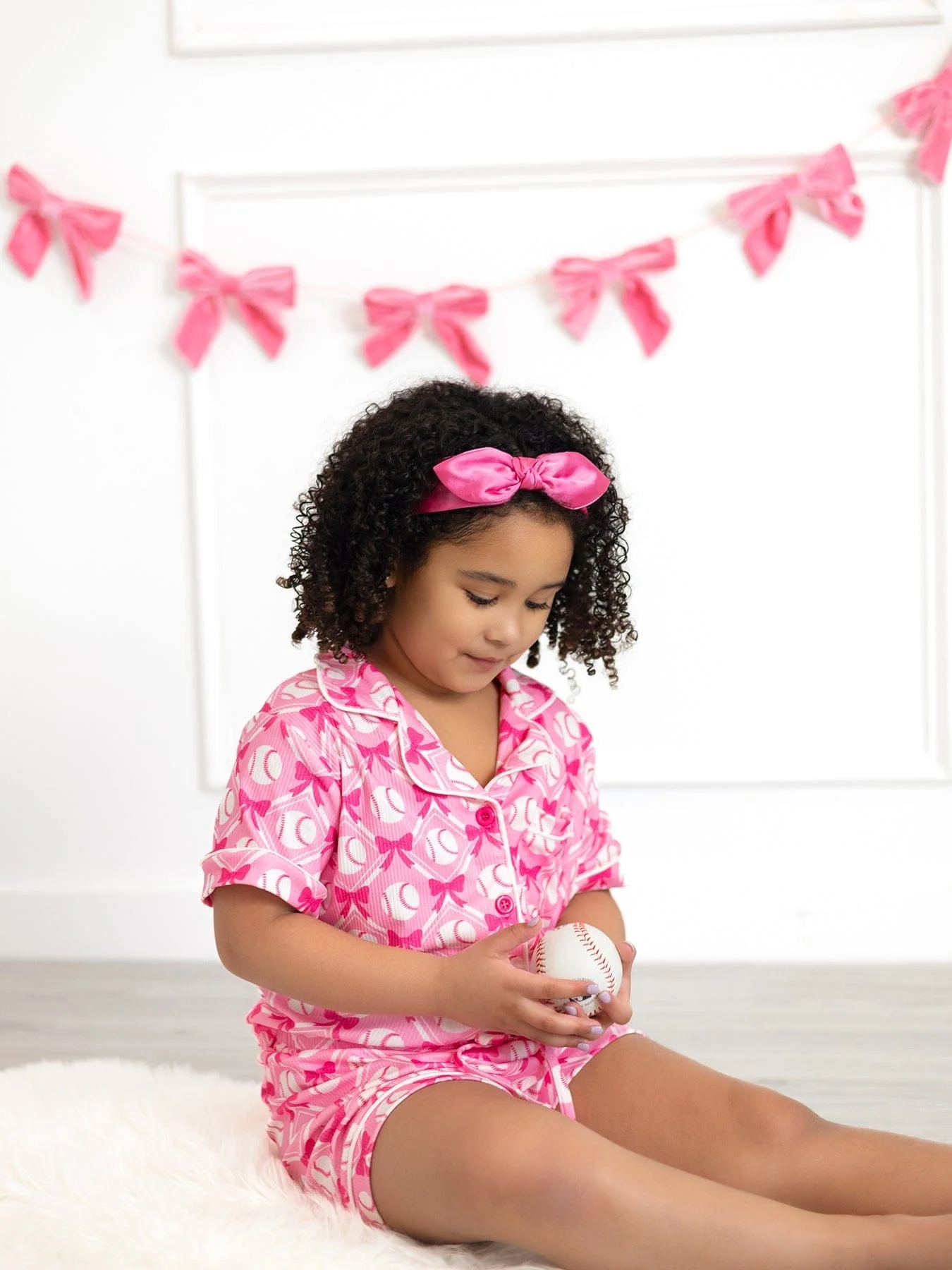 Girls Baseball Bow Print Pajama Set Short Sleeve Pink - Image 3