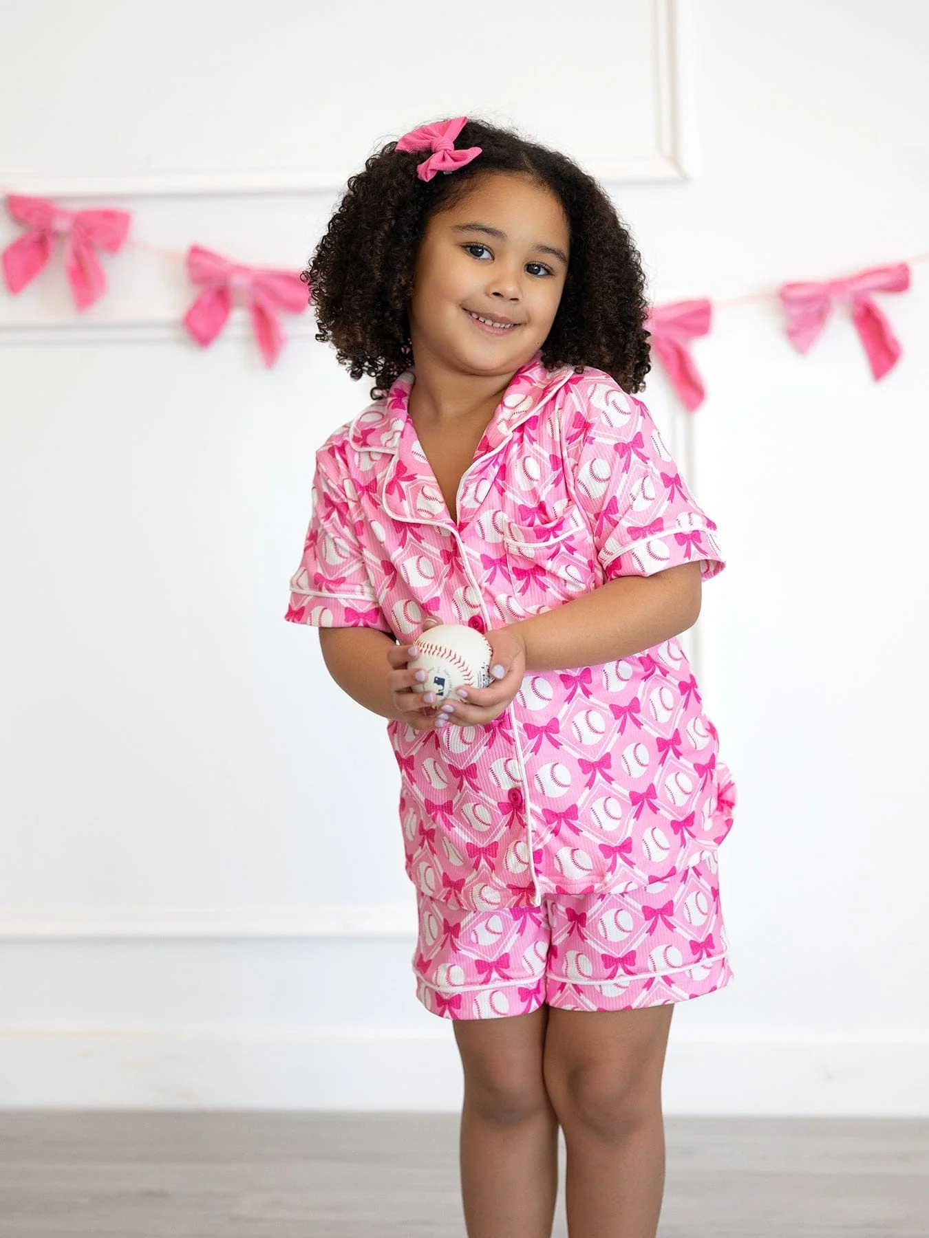 Girls Baseball Bow Print Pajama Set Short Sleeve Pink - Image 4