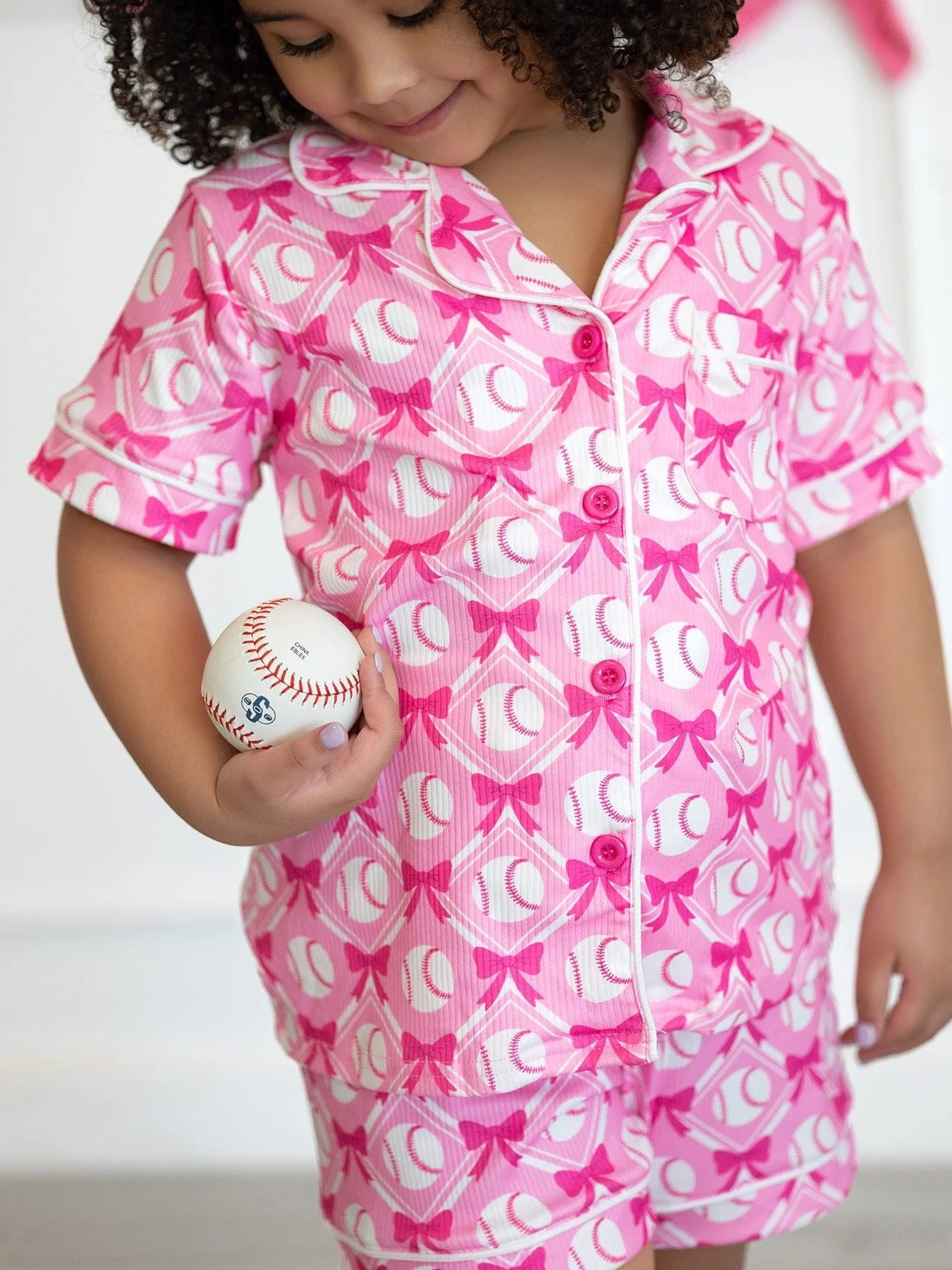 Girls Baseball Bow Print Pajama Set Short Sleeve Pink - Image 5