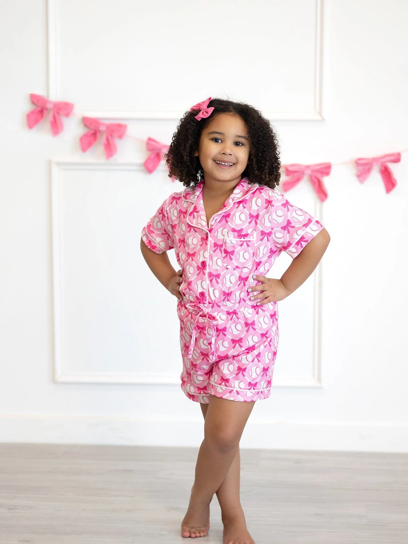 Girls Baseball Bow Print Pajama Set Short Sleeve Pink - Image 6