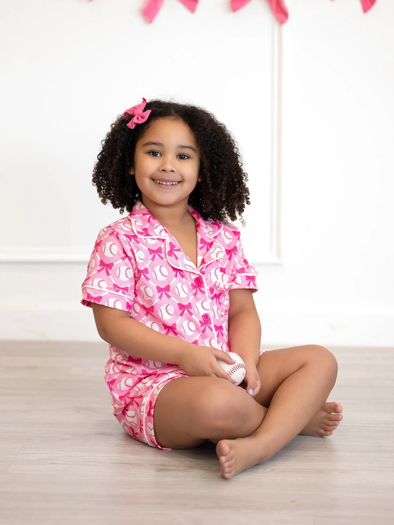 Girls Baseball Bow Print Pajama Set Short Sleeve Pink - Image 8