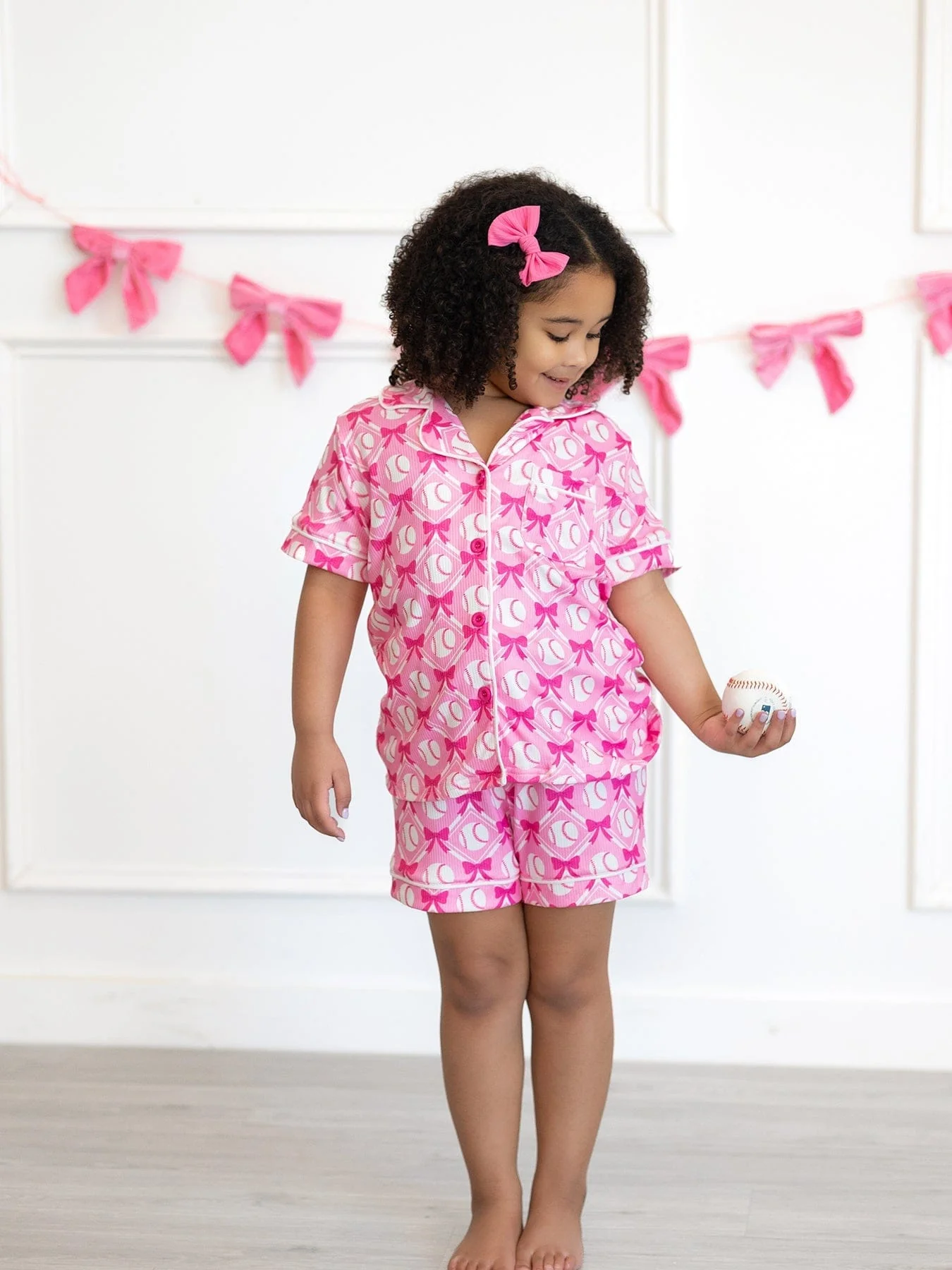 Girls Baseball Bow Print Pajama Set Short Sleeve Pink - Image 9