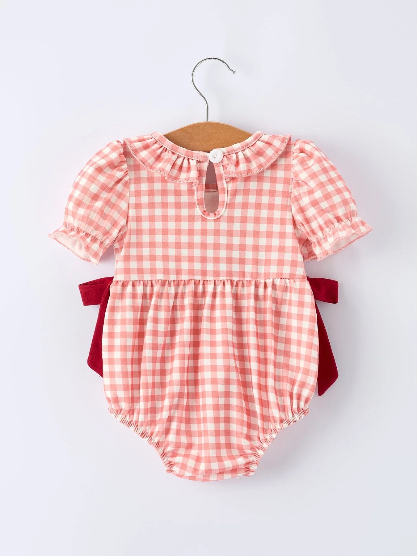Girls Baseball Bow Smocking Embroidery Plaid Romper - Image 2