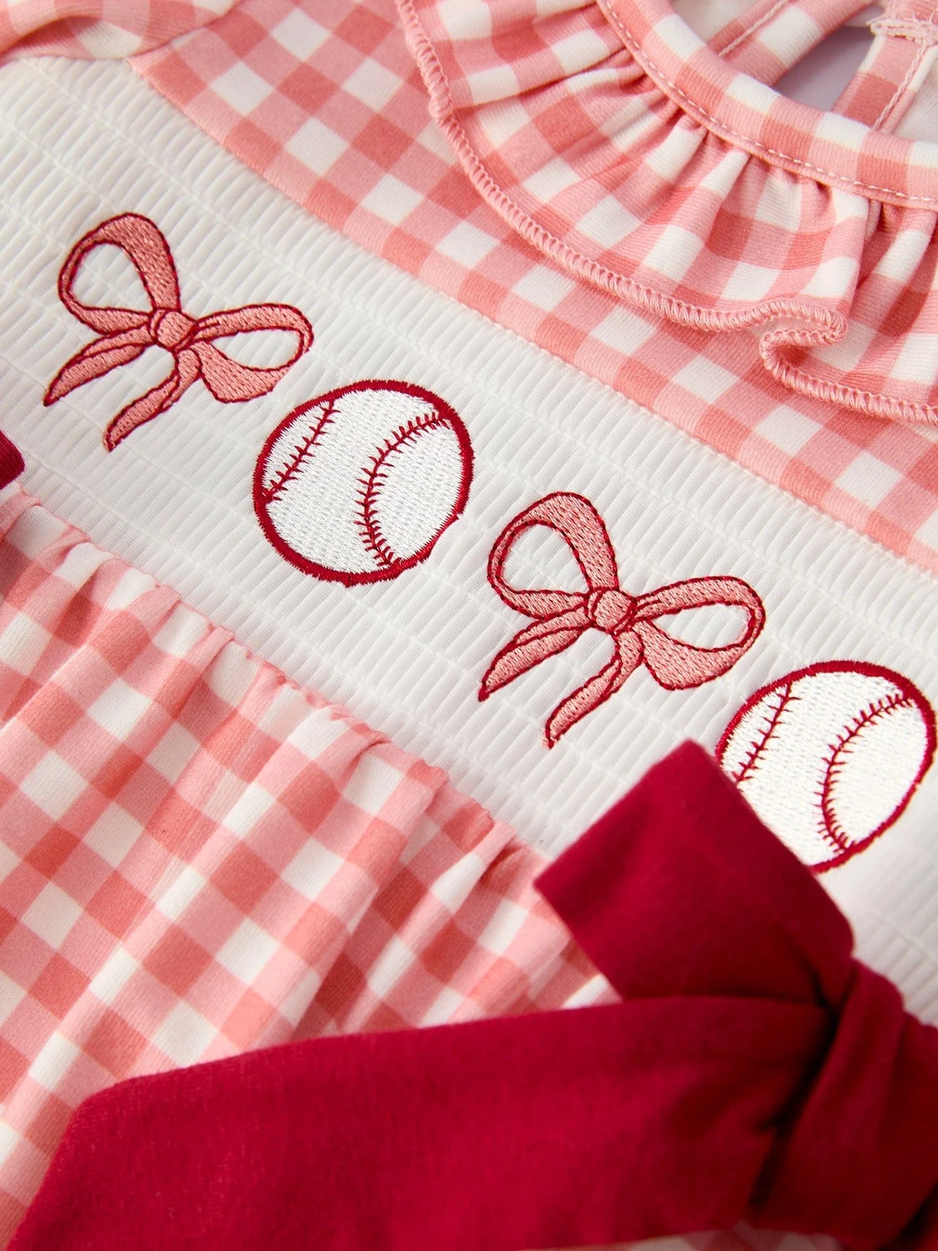 Girls Baseball Bow Smocking Embroidery Plaid Romper - Image 3