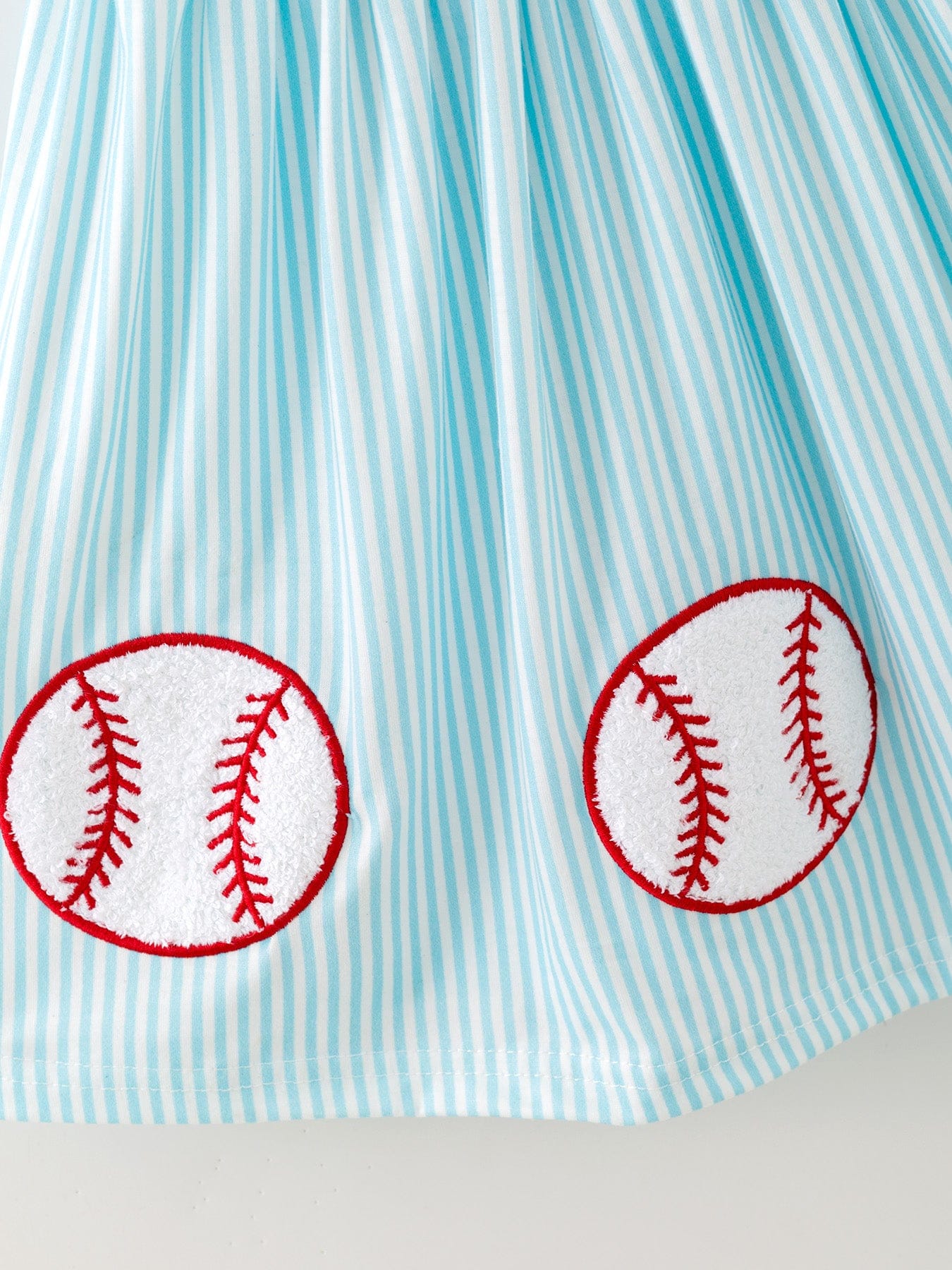 Girls Blue Striped Baseball Applique Smocked Dress Flutter Sleeves - Image 2