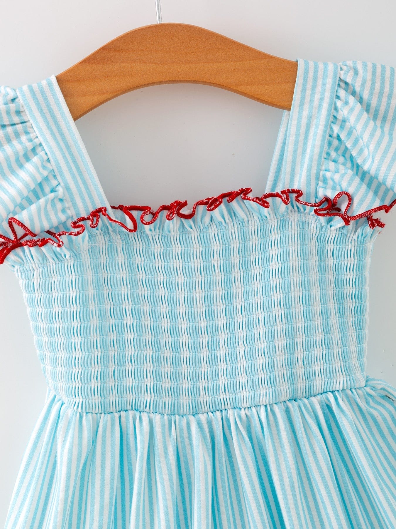 Girls Blue Striped Baseball Applique Smocked Dress Flutter Sleeves - Image 3