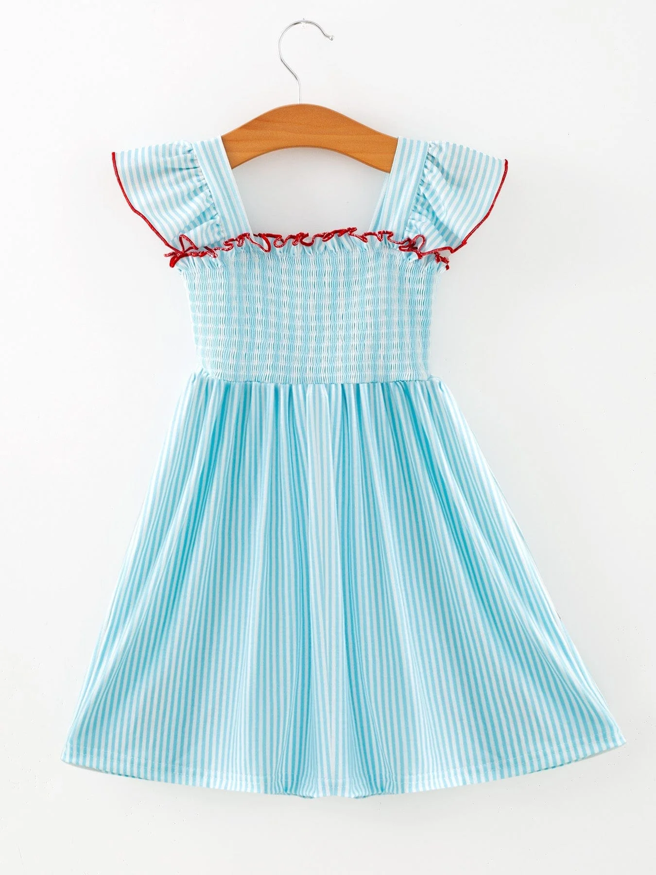 Girls Blue Striped Baseball Applique Smocked Dress Flutter Sleeves - Image 5