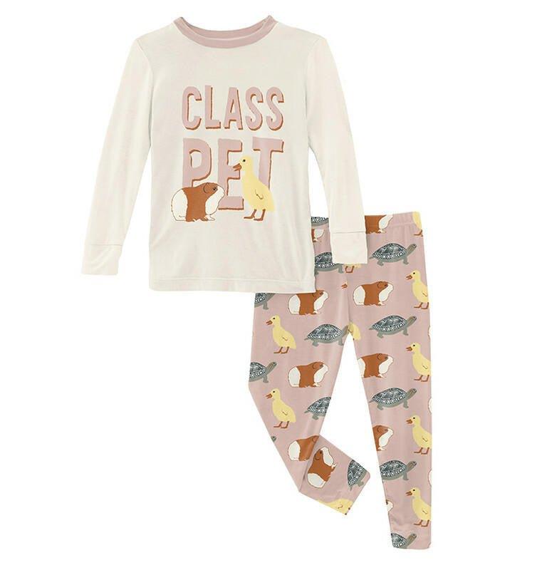 Girl's Bamboo Long Sleeve Graphic Tee Pajama Set - Peach Blossom Class Pets