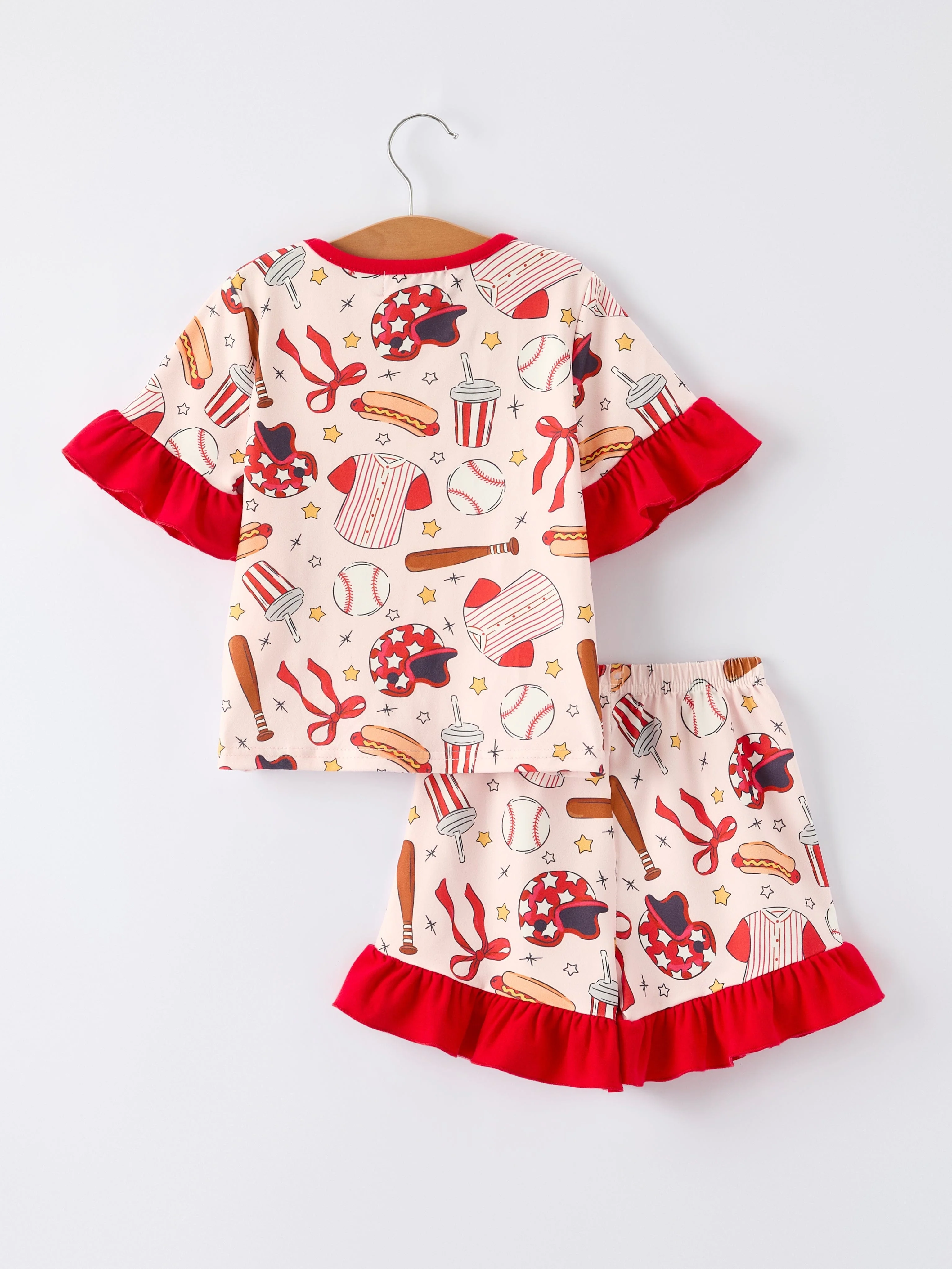 Girls Pajama Set with Red Bows Baseball Print - Image 2