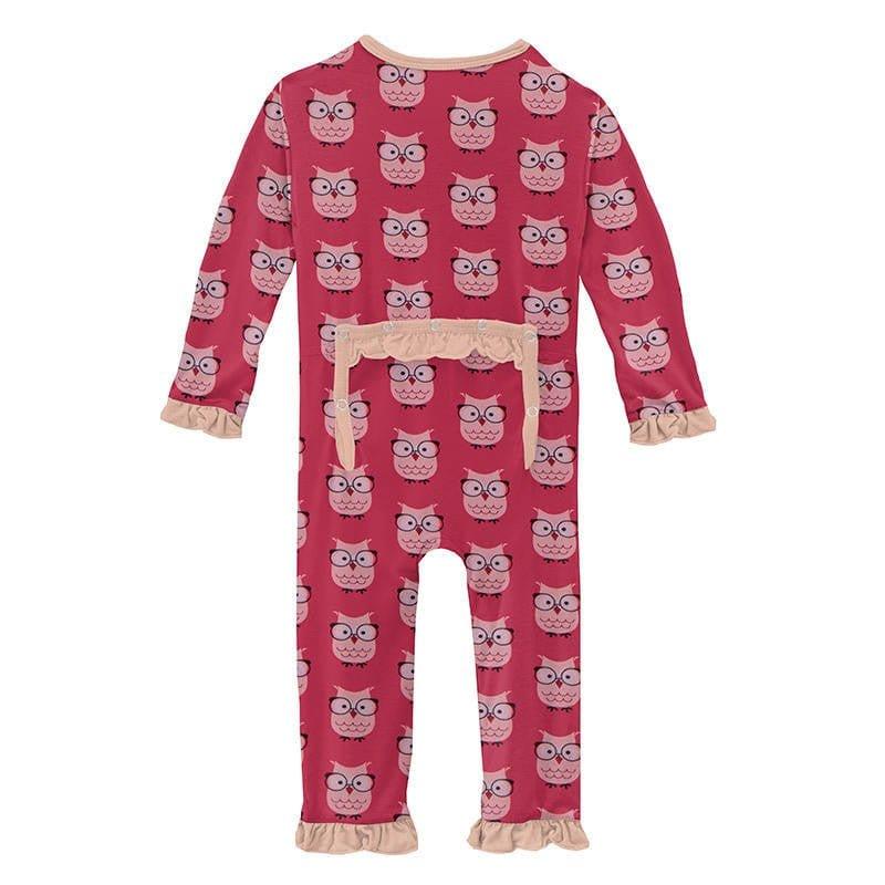 Girl's Print Bamboo Classic Ruffle Coverall with Zipper - Taffy Wise Owls - Image 2