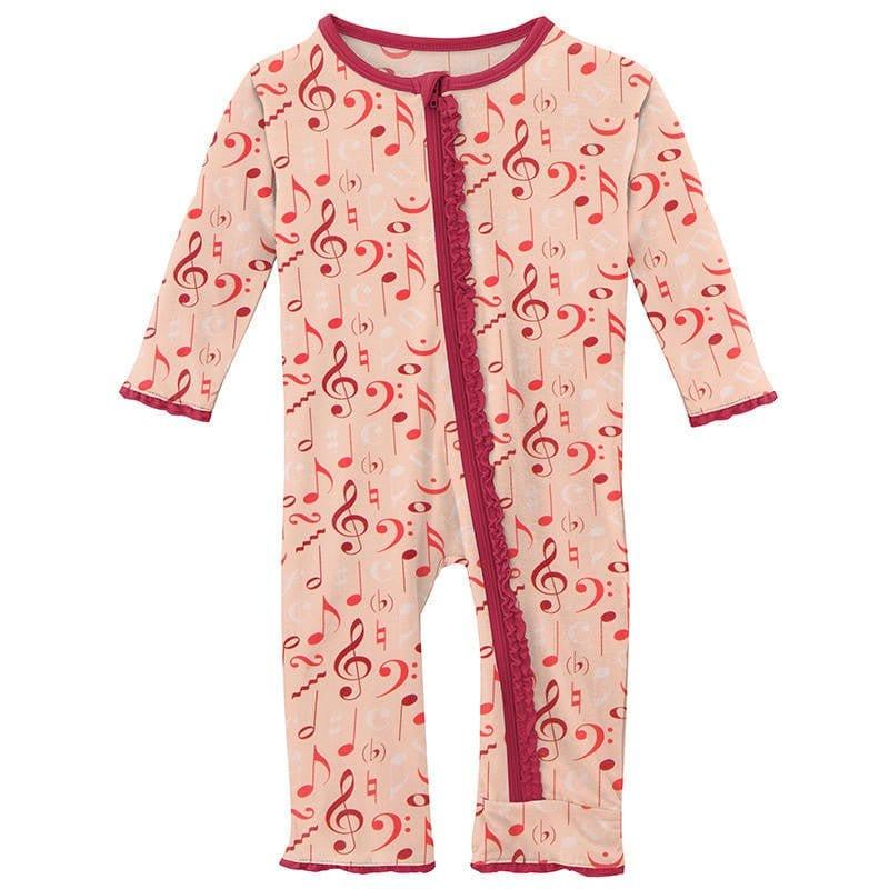 Girl's Print Bamboo Muffin Ruffle Coverall with Zipper - Peach Blossom Music Class