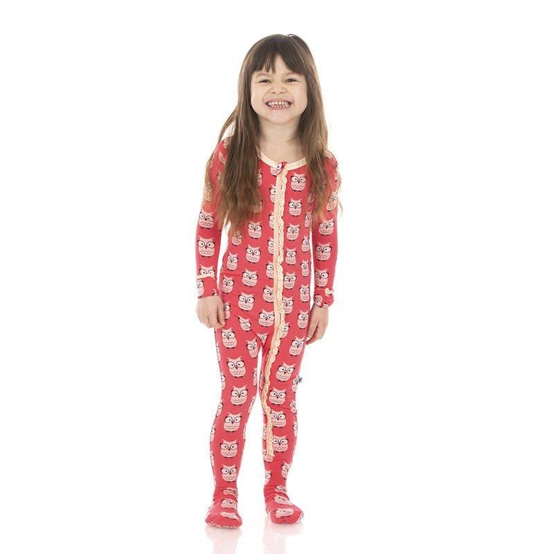 Girl's Print Bamboo Muffin Ruffle Footie with Zipper - Taffy Wise Owls - Image 2